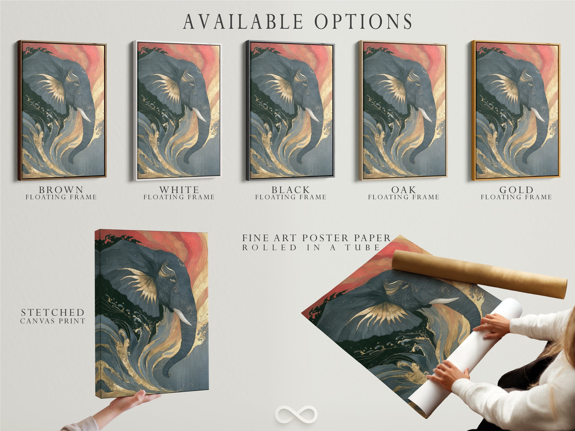 Available options for the elephant artwork are displayed. Choose from a stretched canvas print a fine art poster paper or a floating frame. Featuring Japanese wave art with coral pink and teal accents.