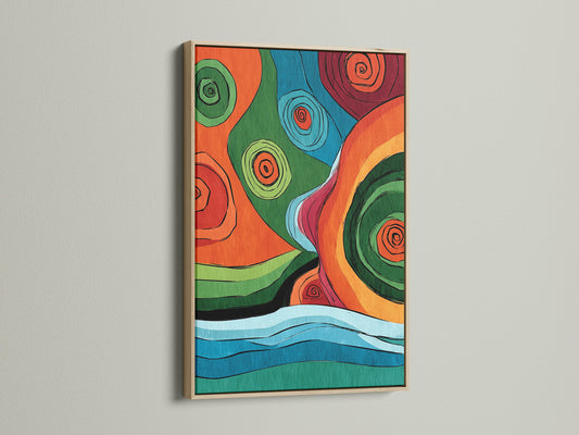 This is a captivating abstract art piece framed in oak. The natural wood grain complements the art. The artwork creates a warm and inviting atmosphere. Enhance your home decor with this stunning framed artwork that brings nature indoors. It is ready to hang and enjoy.