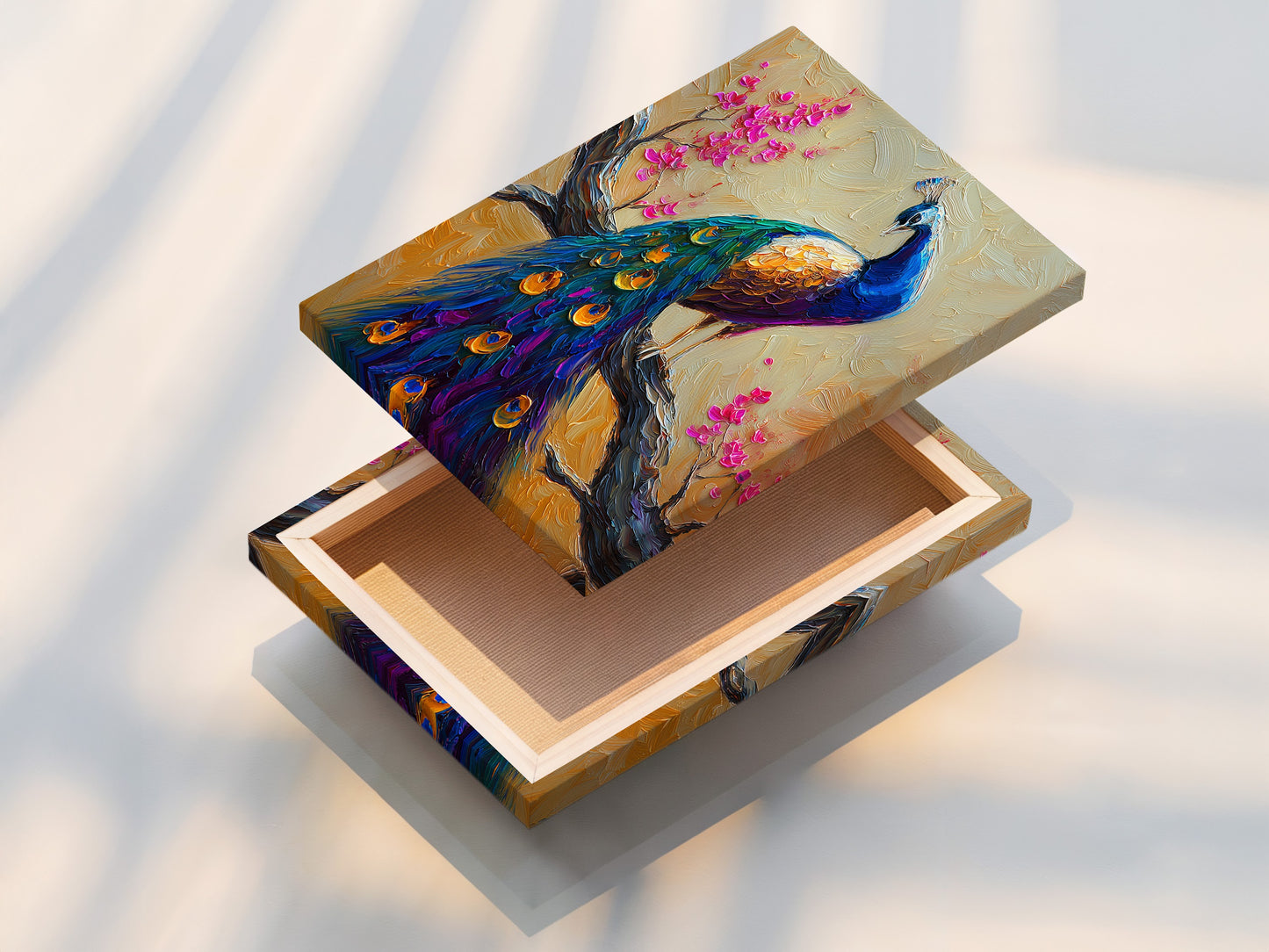This is a stretched canvas print of a peacock artwork. The canvas texture enhances the artwork's depth. The print is taut and ready to hang. The vibrant colors and intricate details of the peacock are beautifully displayed.