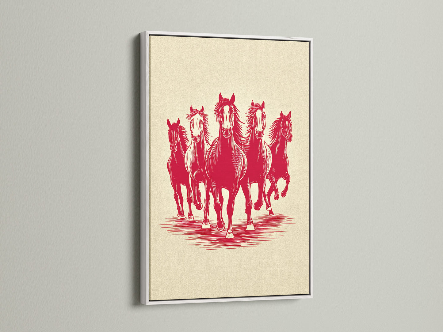 Artwork of running horses is displayed in a white frame. White offers a clean modern aesthetic. The art is matted. This frame will bring out the colors of the artwork. Perfect for any room.