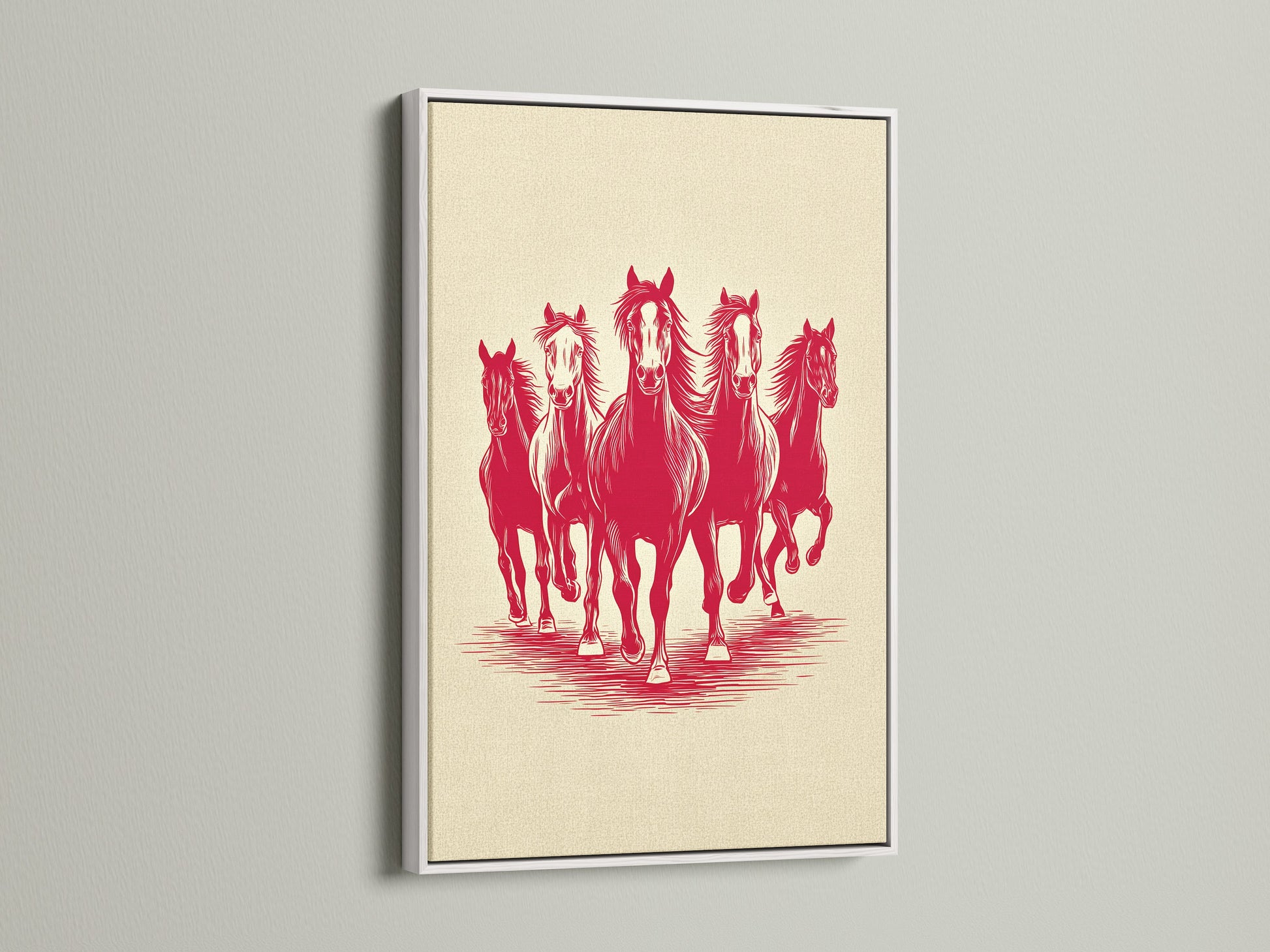 Artwork of running horses is displayed in a white frame. White offers a clean modern aesthetic. The art is matted. This frame will bring out the colors of the artwork. Perfect for any room.