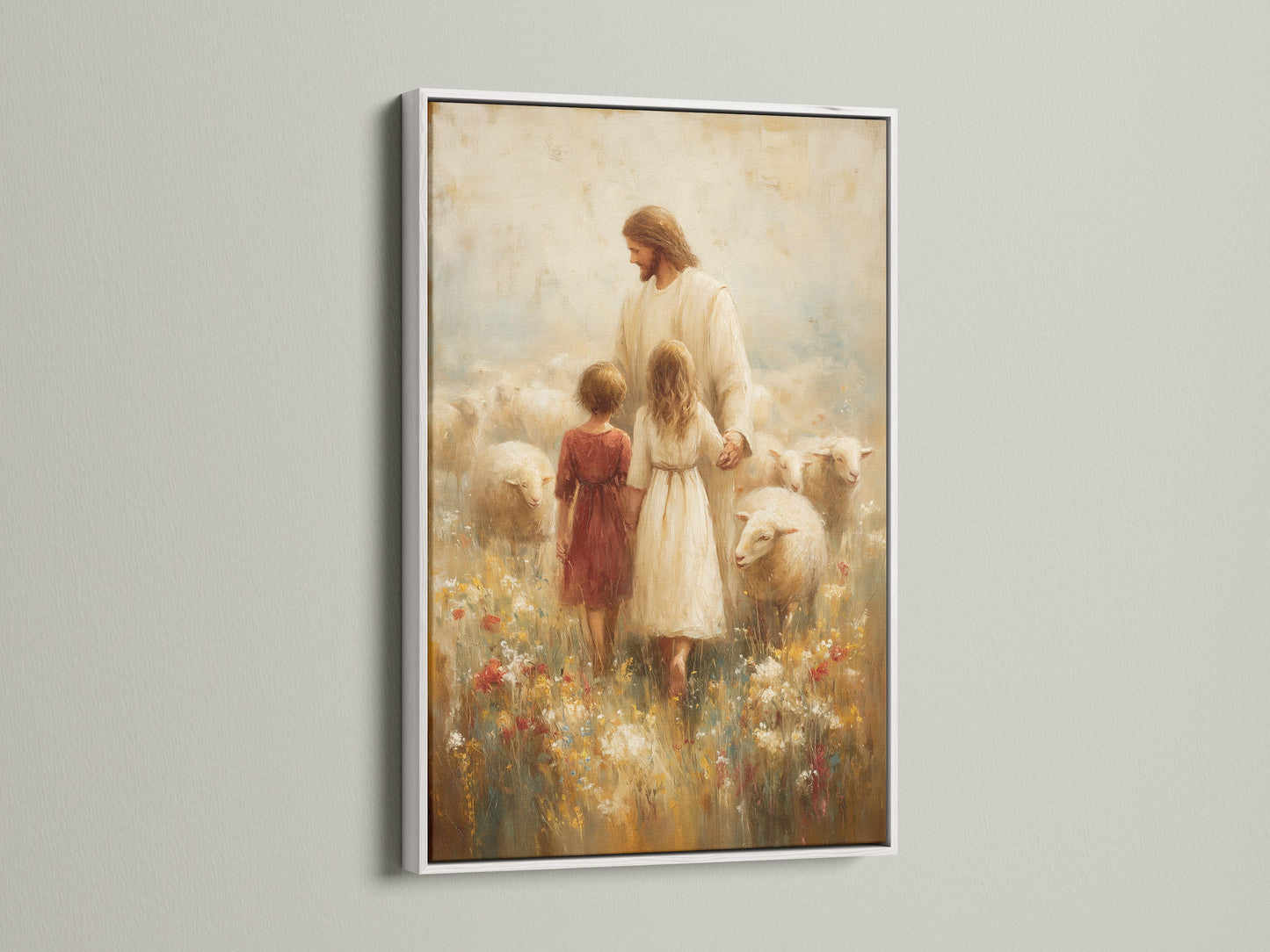 A calming white frame surrounds this fine art print. The artwork features Jesus with children and sheep. The white frame offers a clean fresh look. This artwork is versatile. It complements any interior. It adds a touch of serenity to your home.