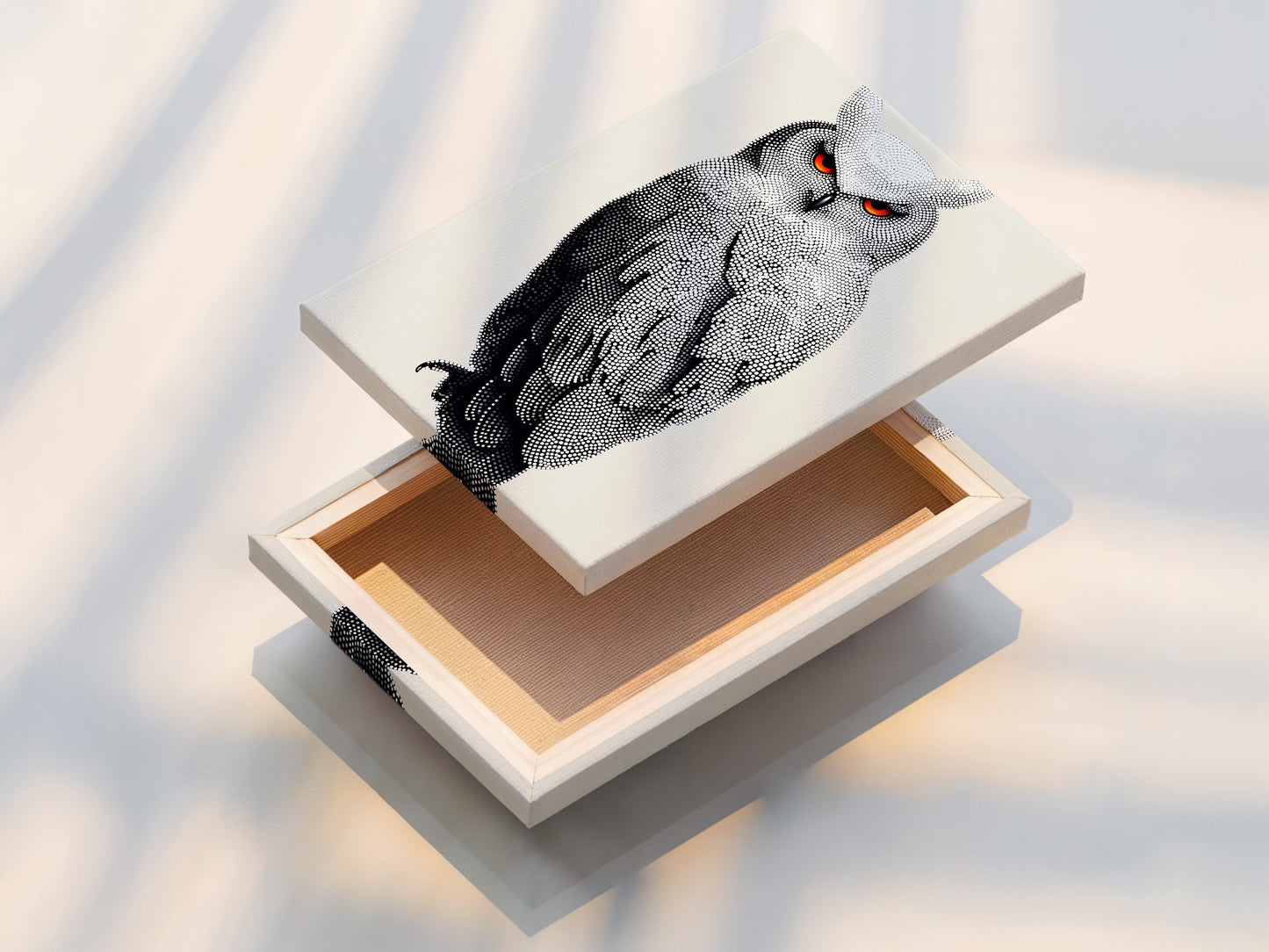 A stretched canvas print showcasing owl artwork. Dotted wildlife art brings modern style. This animal wall decor enhances living rooms and offices. The perfect contemporary print for any space. Ready to hang.