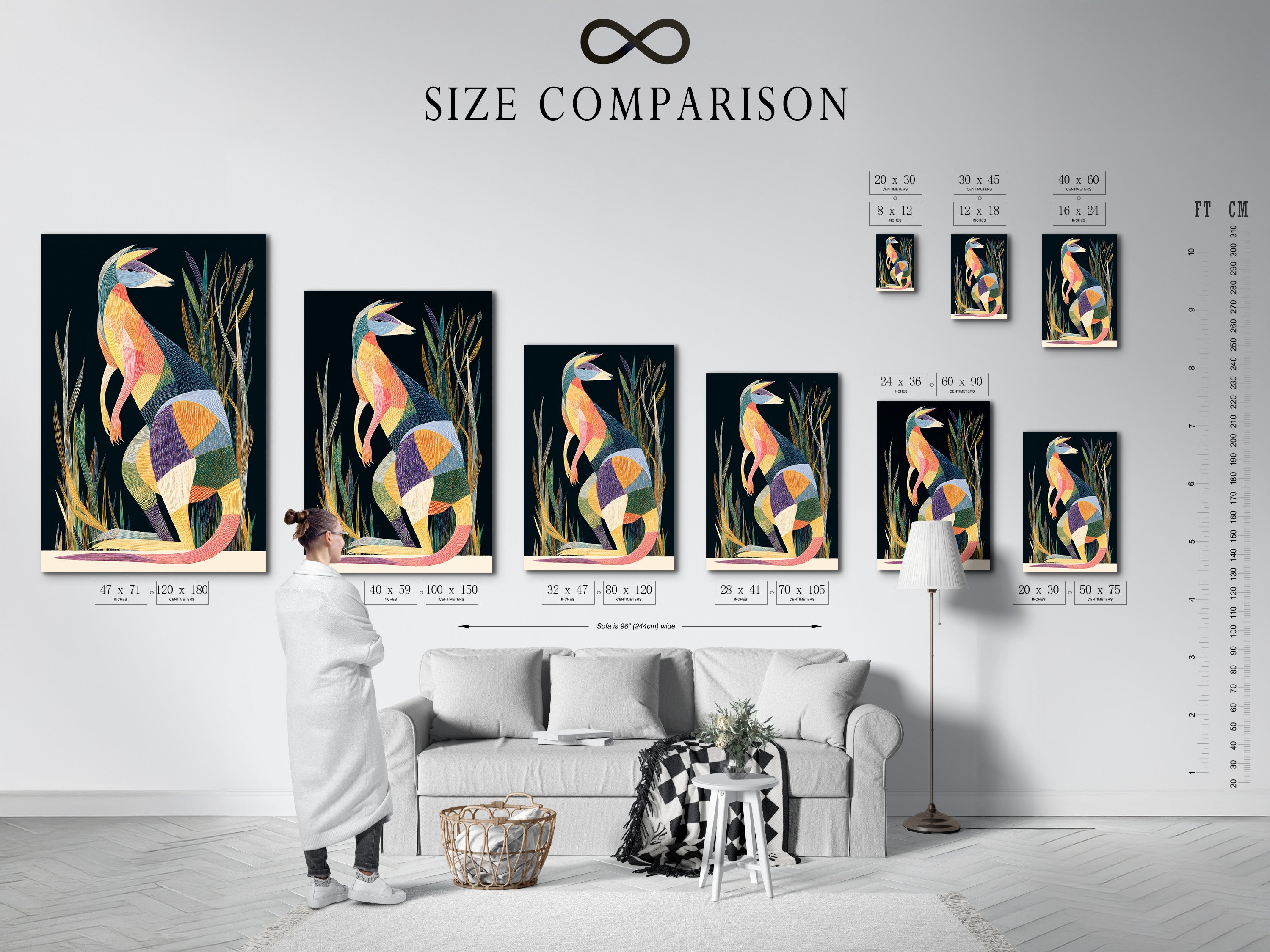 Reference a size comparison chart in an interior setting. This chart helps visualize artwork dimensions. It shows how different sizes fit in a room. Make informed choices for your art display. Find the perfect size for your space.
