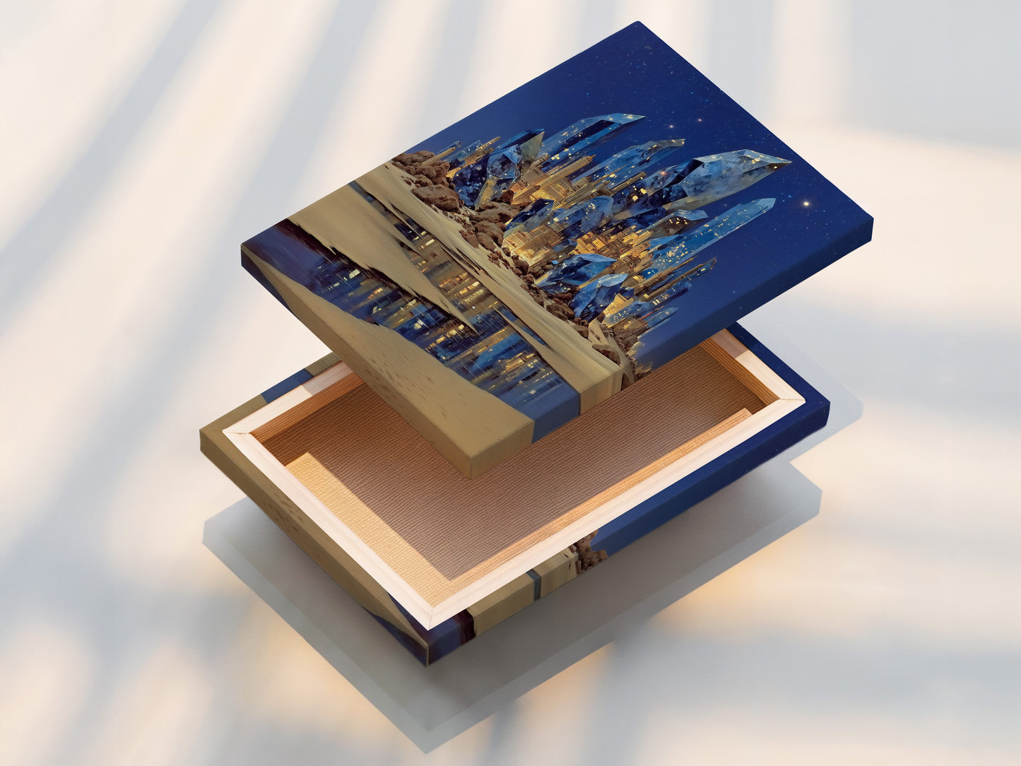 Stretched canvas print of fantasy crystal castle art. The surreal blue crystal wall art enhances any room. This magical landscape canvas print is perfect for bedroom wall decor. Transform your home with fantasy artwork today. Explore mystical art now