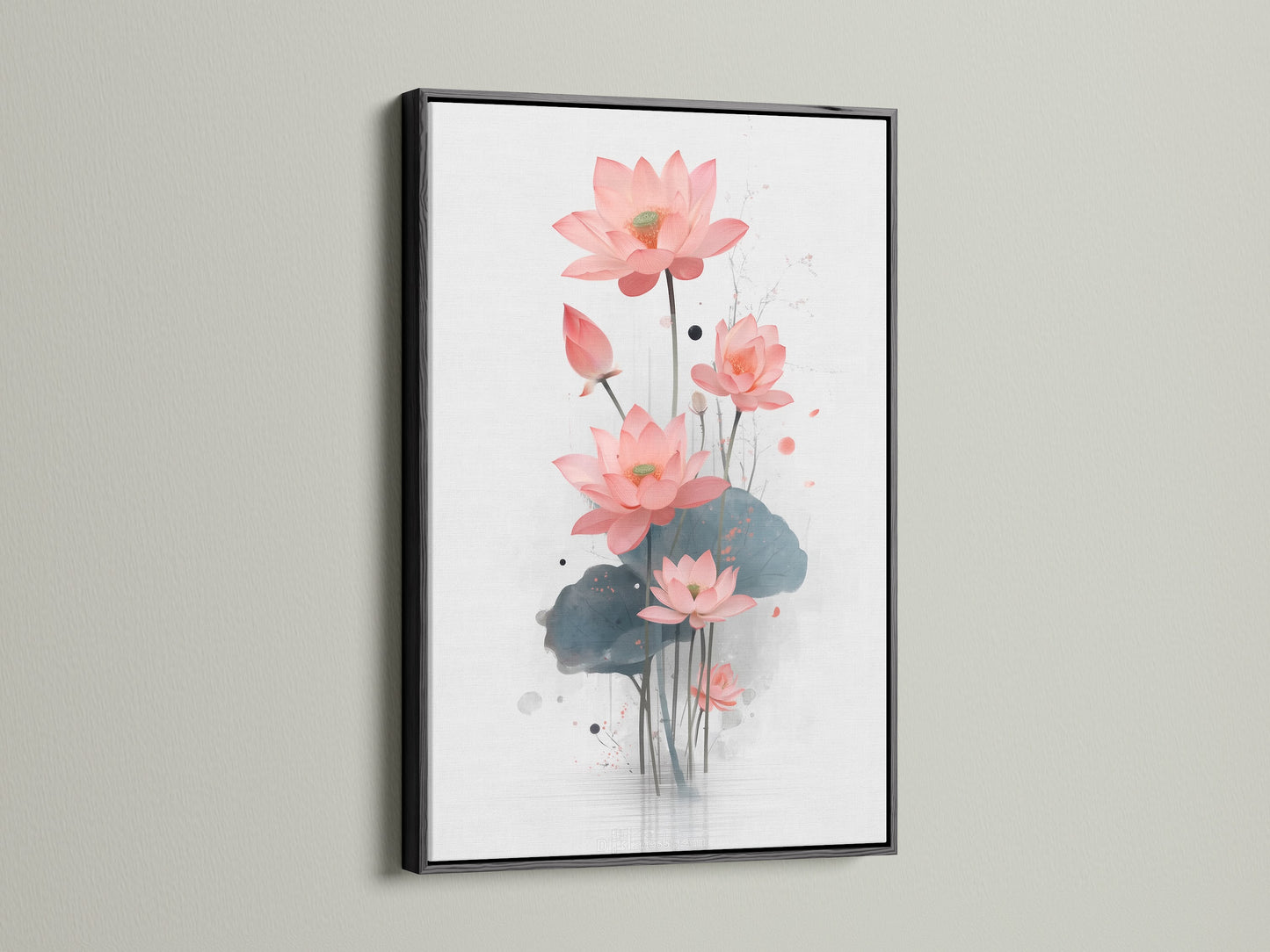 This black frame provides a striking contrast to the pink lotus flower art. The floral canvas stands out as a modern decor piece. It's a great choice for living room wall art or office wall art. The black frame adds sophistication to this botanical print. Perfect for contemporary wall decor.