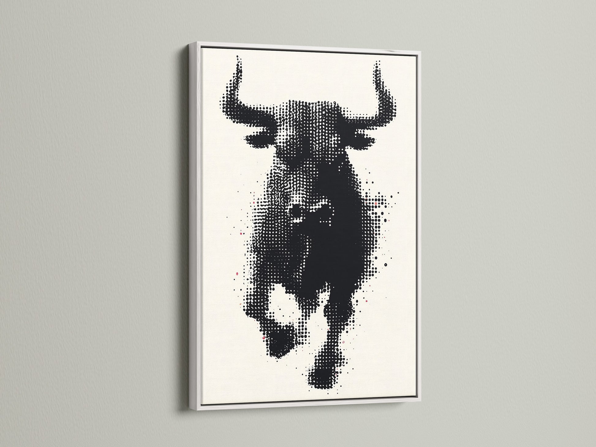 This bull art is displayed in a clean white frame. The black and white halftone print stands out. It is perfect for adding a minimalist touch to your decor. The white frame offers a versatile look that complements any room. This animal canvas print is ideal for modern homes and office spaces. Enhance your wall decor today.