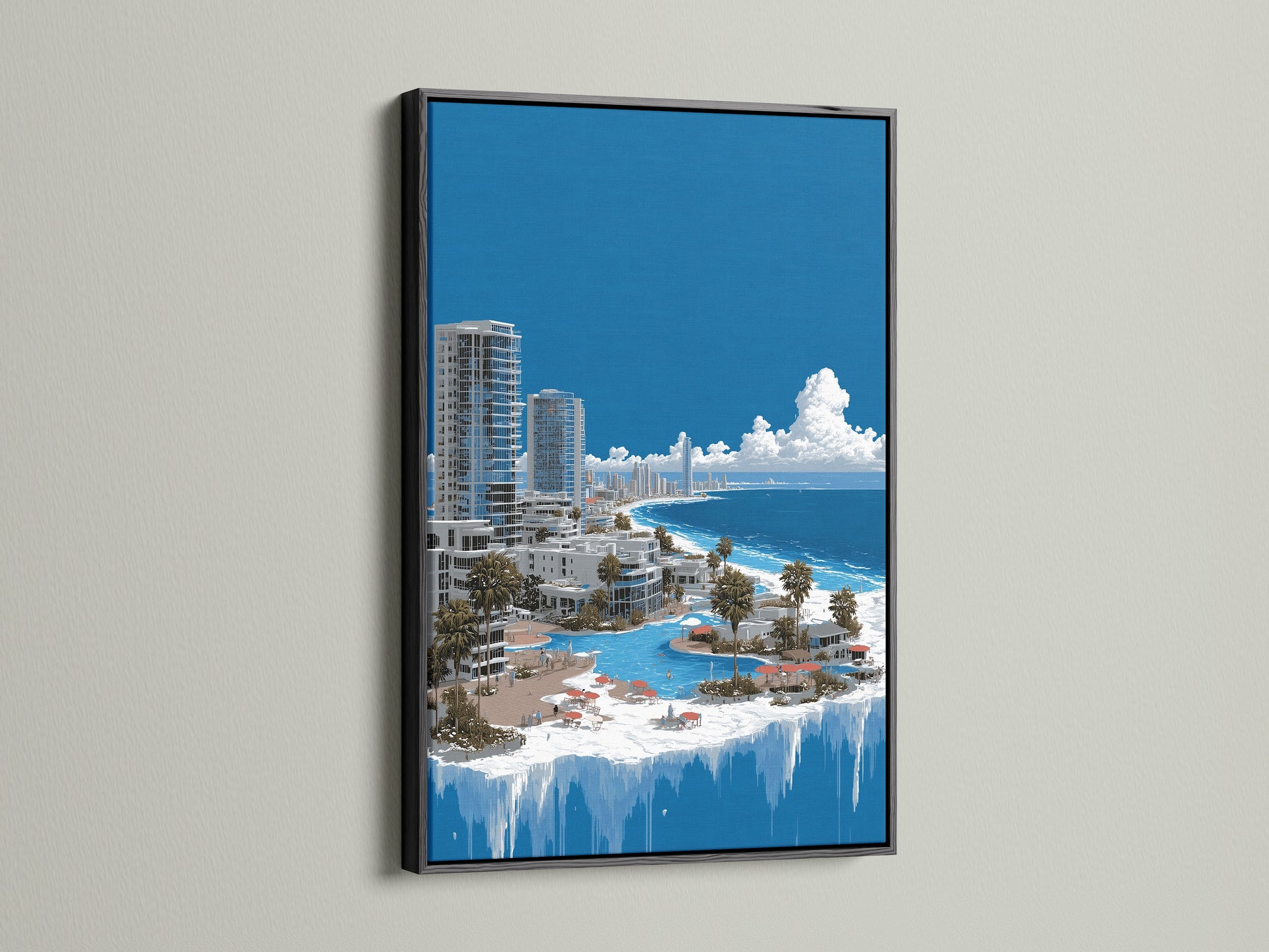 Surreal Frozen City fantasy art print in a sleek black frame. This modern piece enhances any wall. Perfect for contemporary minimalist and urban decor styles. Discover the beauty of ice age art.