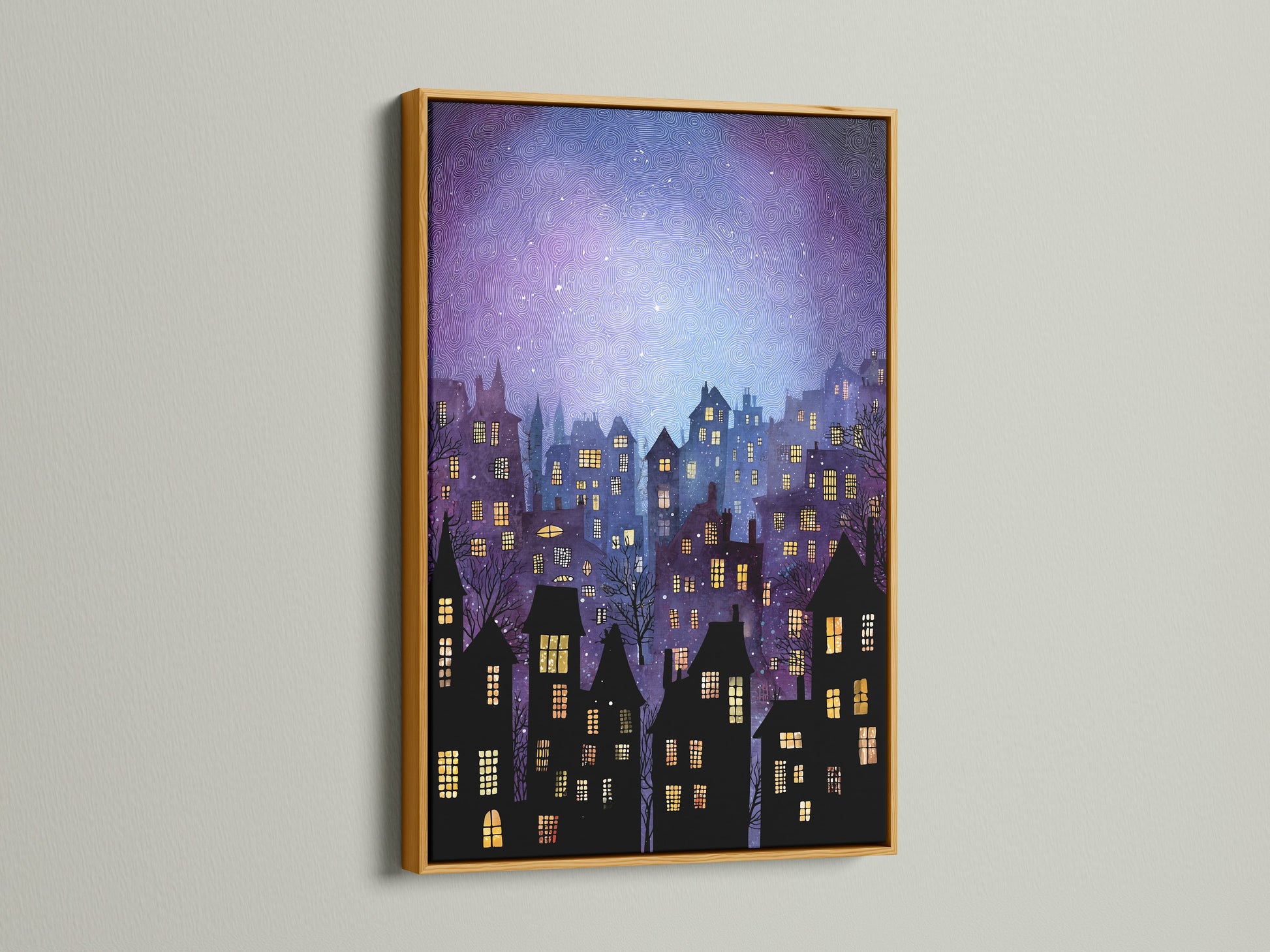 This is a gold frame. The artwork inside depicts a unique cityscape. The buildings have illuminated windows. The sky is a mesmerizing swirl of colors. This framed art adds a touch of luxury to your walls. The gold frame elevates the artwork. It is perfect for any room.