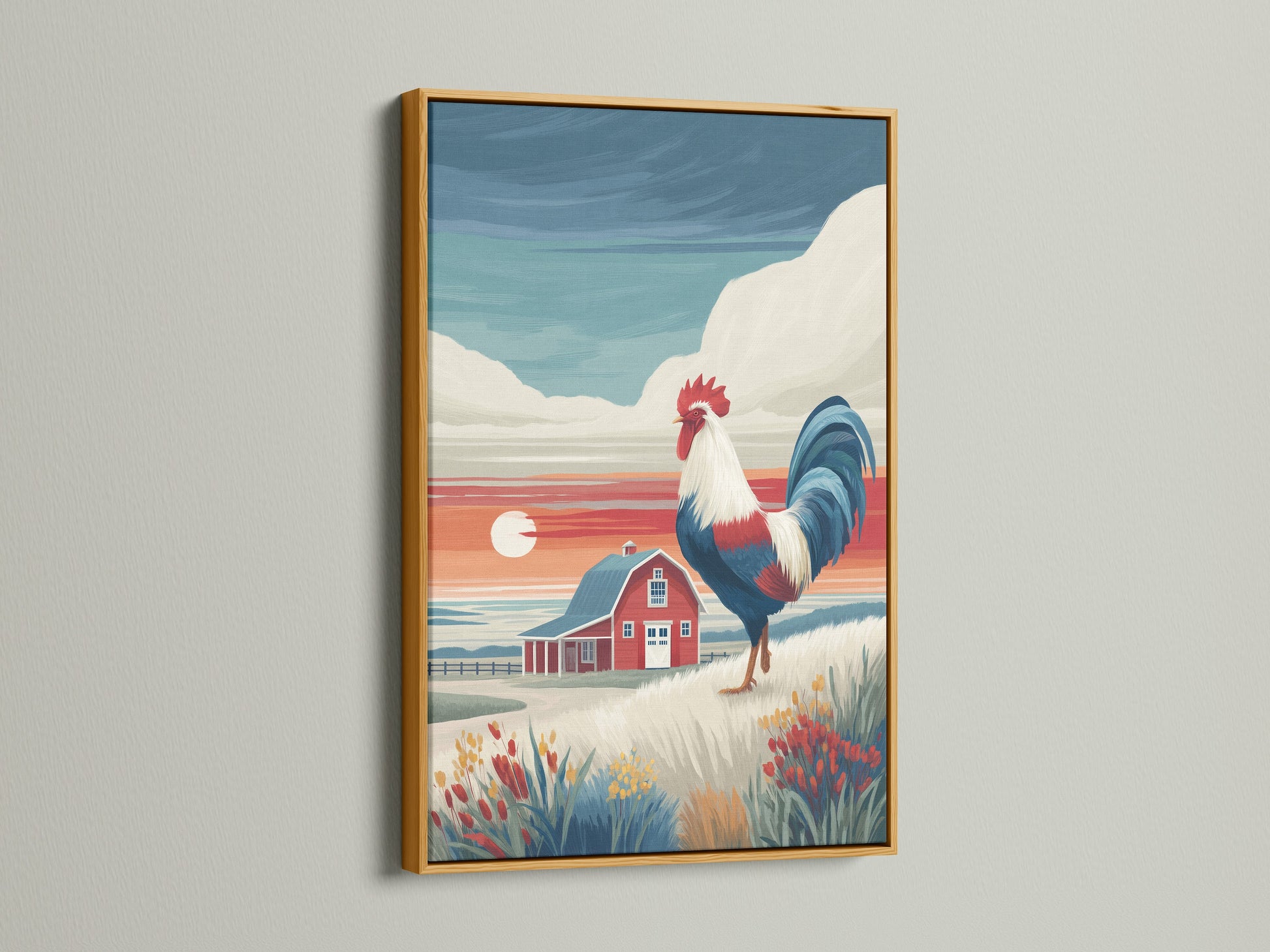 Rooster canvas print in a gold frame. Farmhouse wall art elevates country kitchen decor. A red barn landscape enriches dining room walls. A gold frame adds a touch of luxury to this country artwork. Enhance your home today.