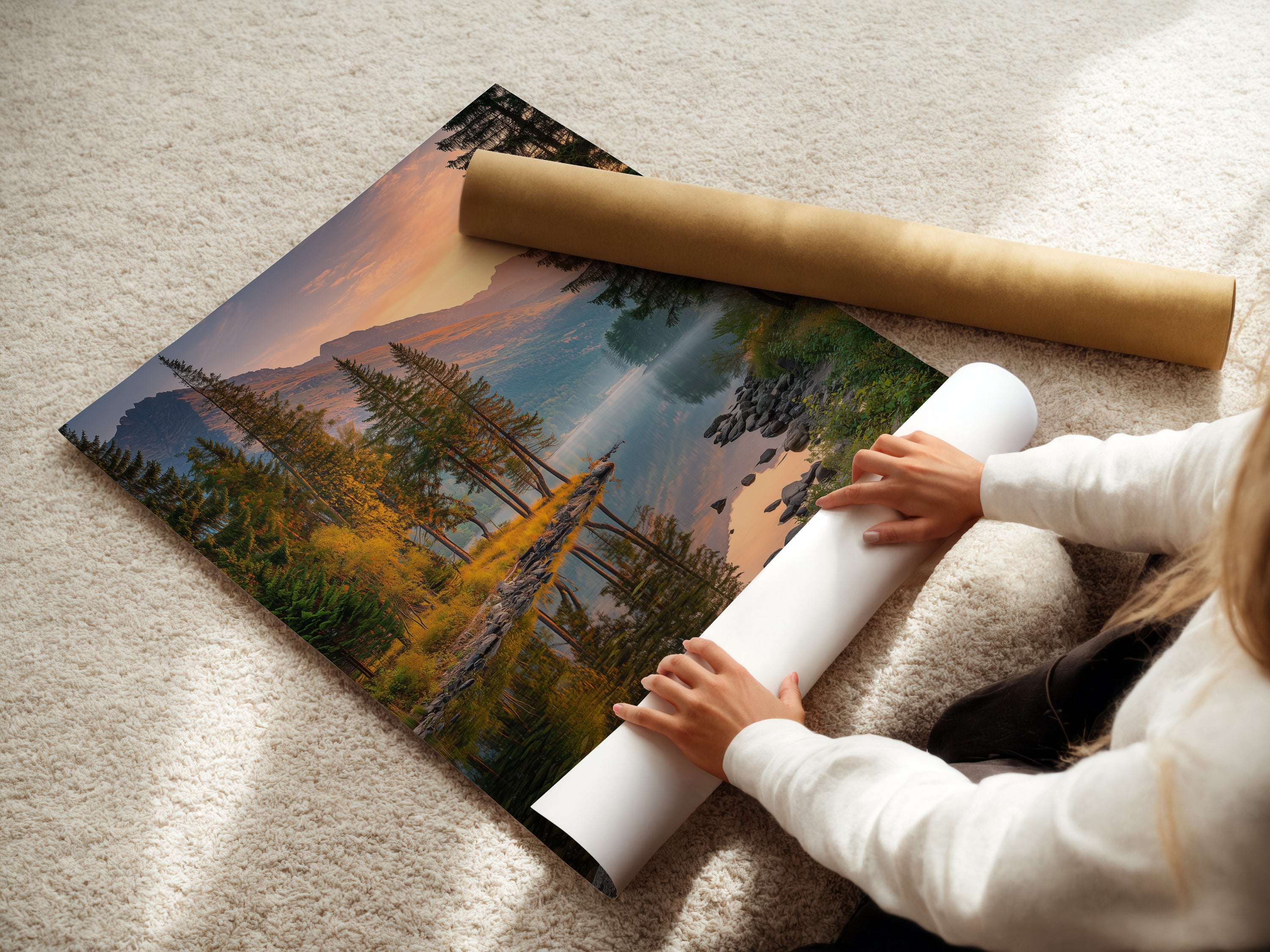 Woman rolling a fine art poster paper featuring a mountain lake landscape. The nature photography captures a serene scene. This fine art poster is perfect for adding a touch of nature to your home decor. Ideal for those seeking rustic or farmhouse styles. Bring the beauty of nature indoors.