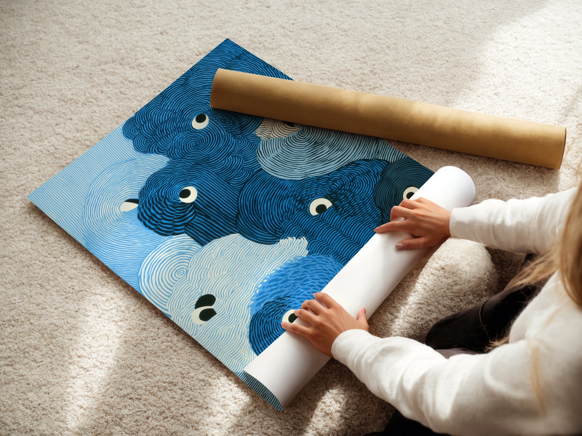 A woman is carefully rolling a fine art poster paper. The paper features an abstract wave artwork. The blue ocean print showcases modern swirl patterns. Ensuring the artwork arrives in perfect condition. Perfect for nautical wall art enthusiasts. The ideal bedroom decor.