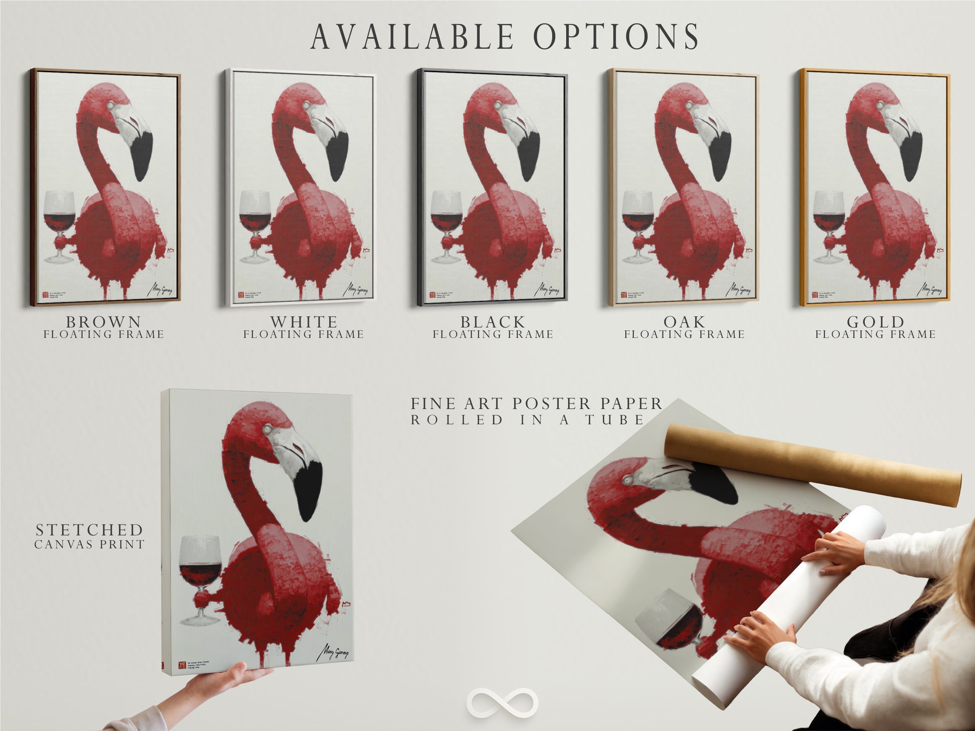 Available options for the pink flamingo wine art print. Choose from a stretched canvas print fine art poster paper or a floating frame. Customize your modern animal artwork to match your style and decor. Shop now for the perfect piece.