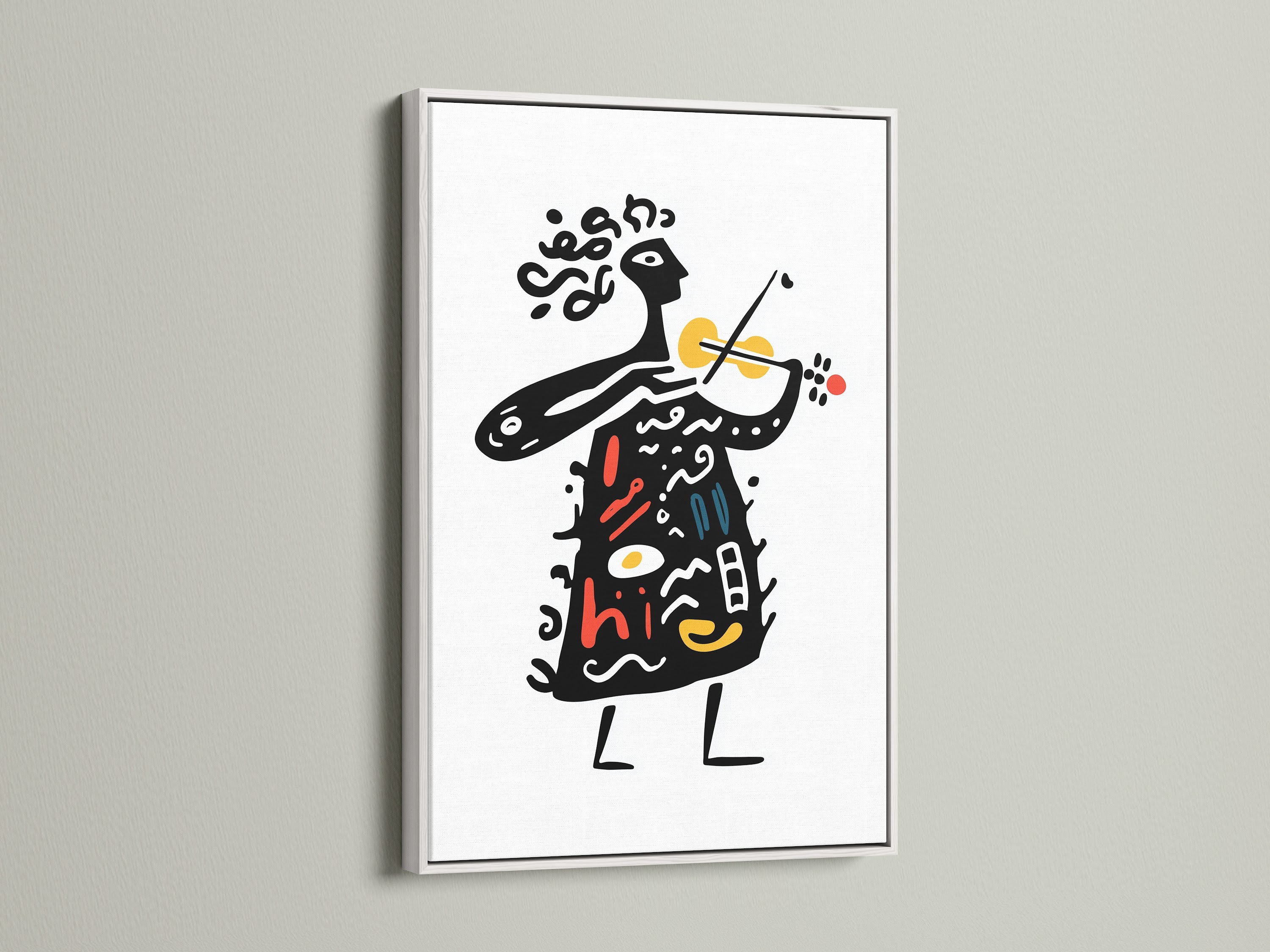 Artwork with a white frame hanging on a white wall. The frame enhances the art's vibrant colors. The art piece features an abstract person playing the violin. The white frame offers a clean and modern look for any room.
