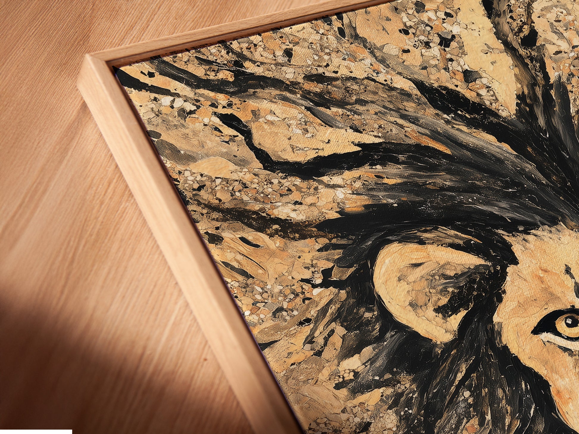 A close-up angled view of a canvas print. It is set in a floating frame. This modern framing option creates depth. The art appears to float within the frame. It offers a unique presentation. Showcase your canvas print beautifully.