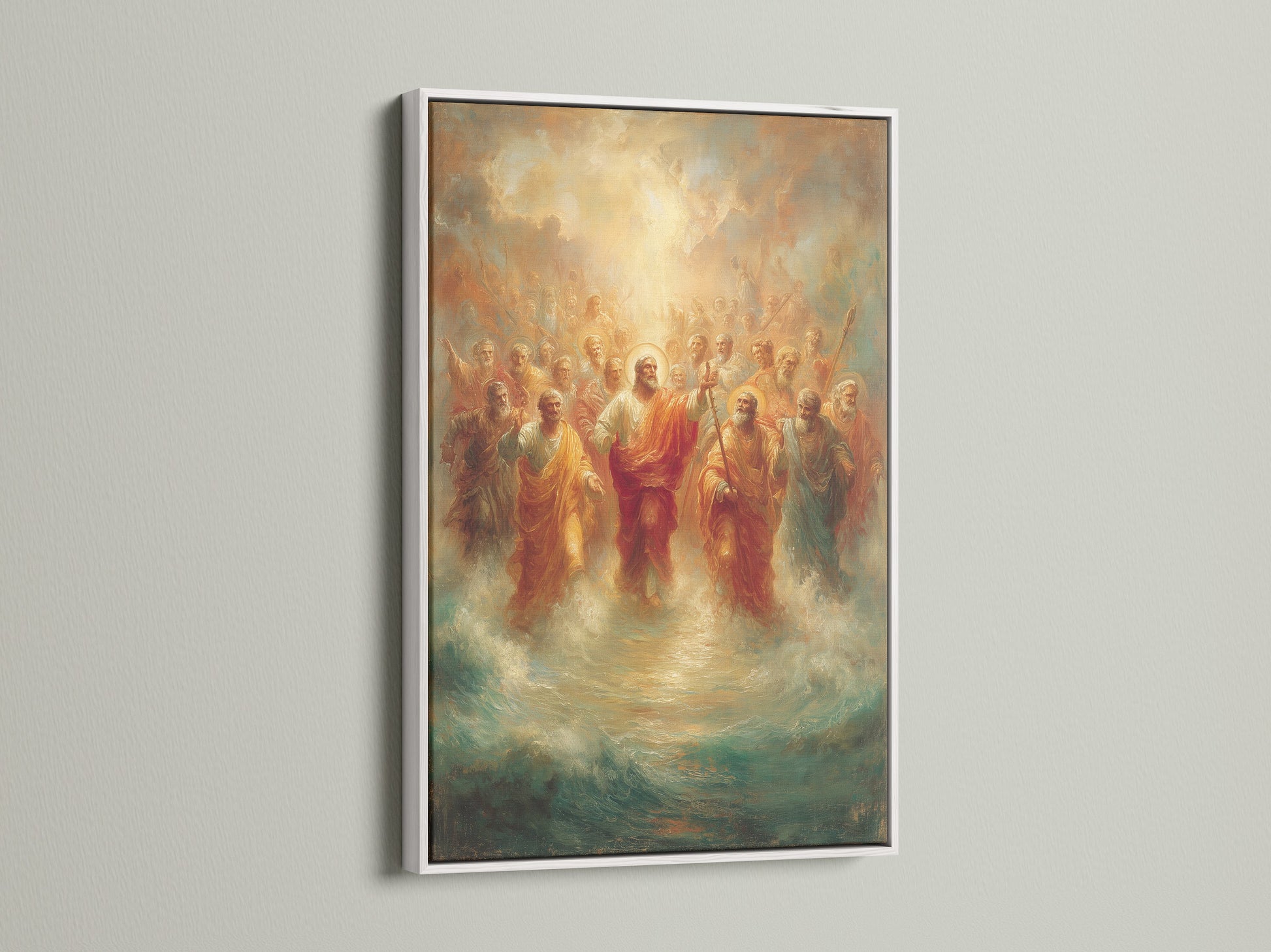 This stunning religious art canvas print of Jesus Christ with Apostles is set in a white frame. It's an eye-catching piece of Christian home decor. This artwork brings a sense of peace and spirituality. It's ideal for prayer rooms or as a meaningful gift.