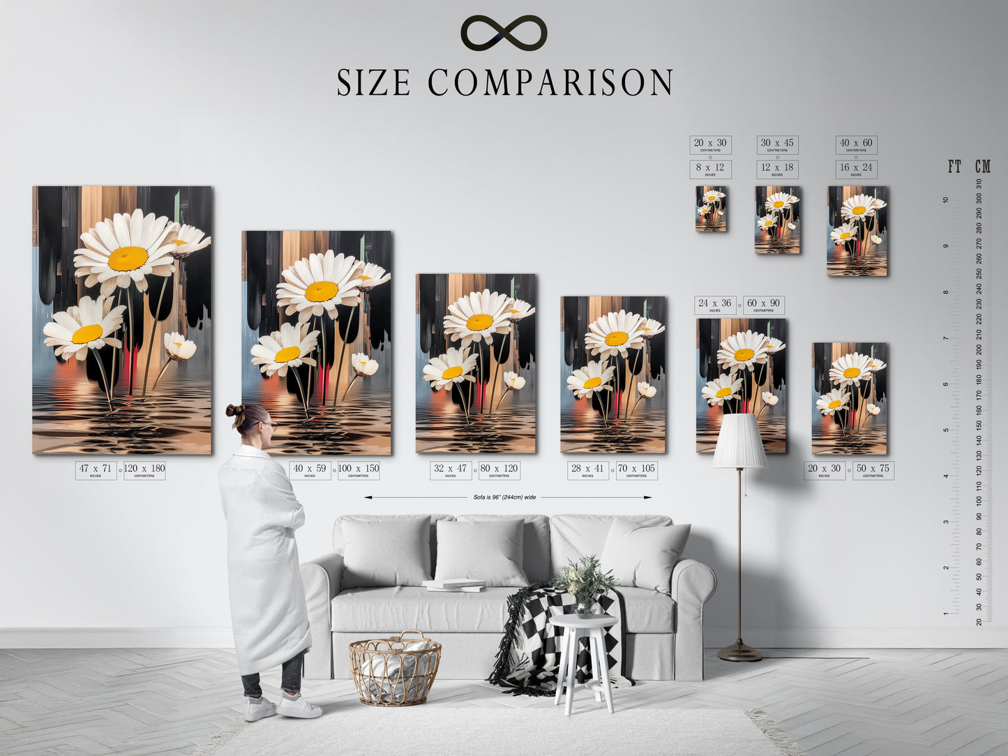 A size comparison chart is shown in an interior setting with the daisy artwork. See how the floral canvas print fits in different spaces. Choose the perfect size for your wall decor needs. Enhance your room with modern botanical art.