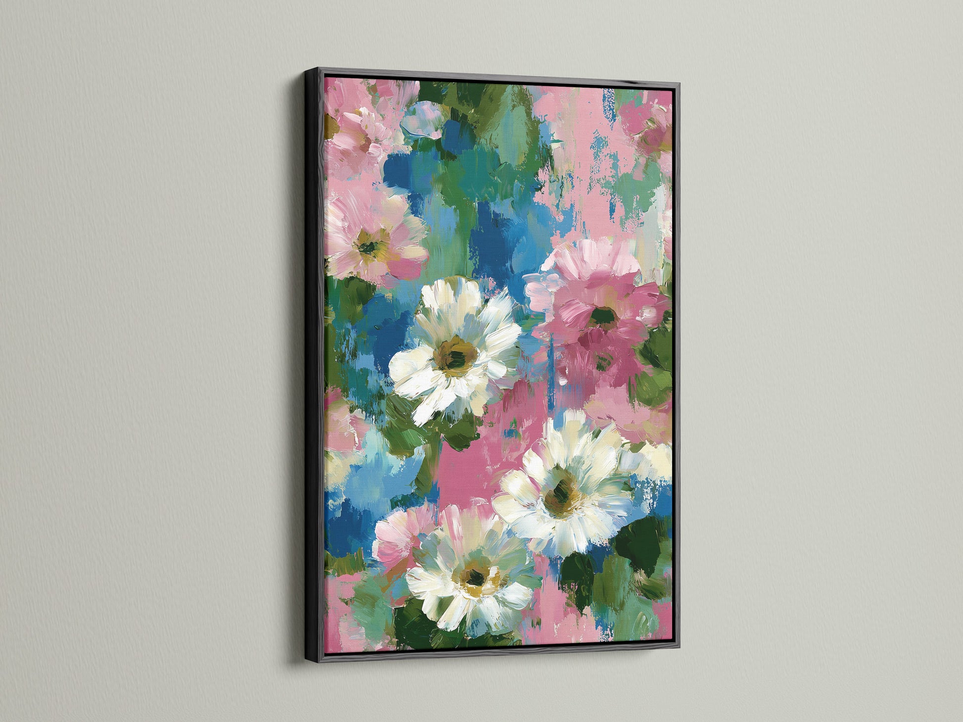 Floral canvas artwork with a black frame. This pink and blue flower wall art elevates your living room art. The impressionist botanical artwork adds sophistication. Perfect for homeowners and apartment dwellers. This daisy art print suits eclectic tastes. Enhance your floral home decor. Abstract flowers create visual interest. Garden art print for a charming touch.