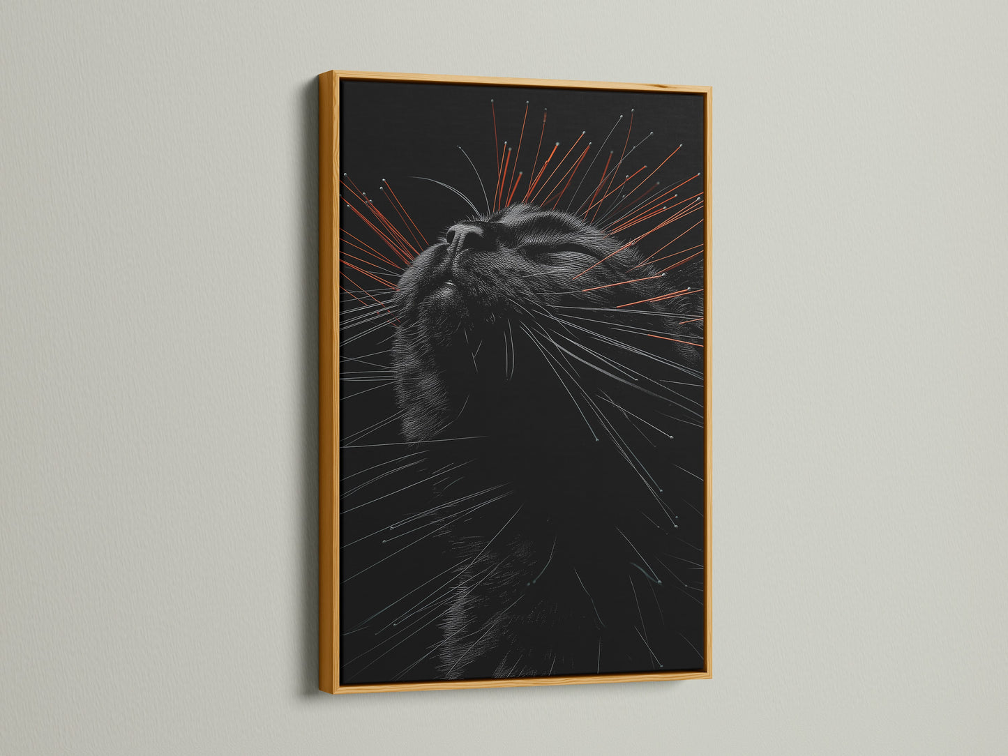 A luxurious gold frame showcases a charming cat portrait canvas print. This feline art piece brings warmth and elegance to your decor. Perfect as a cat lover gift or to enhance your living room wall art. Explore our artwork today.