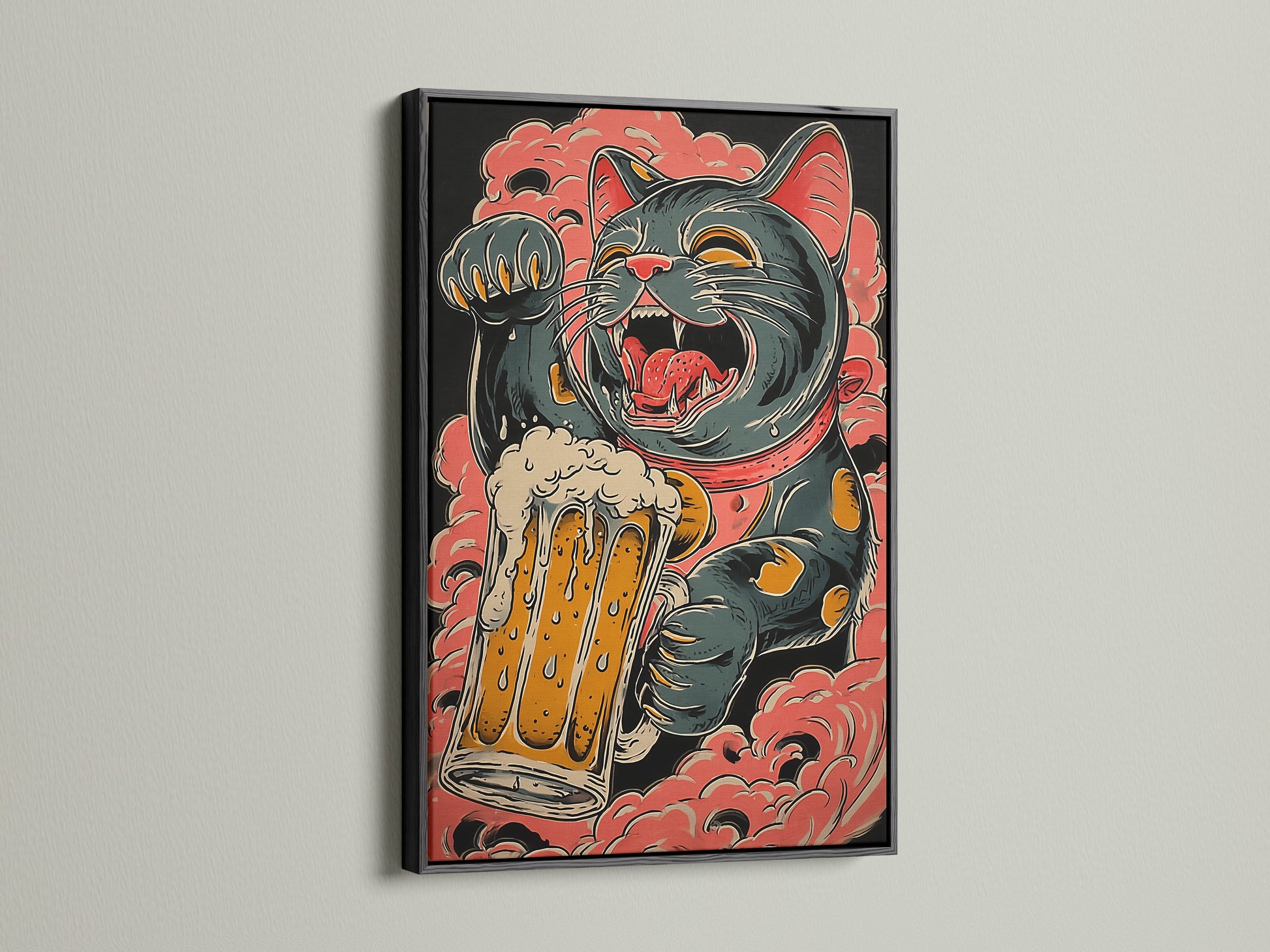 A striking artwork in a black frame. The artwork features a cat holding a beer mug. The black frame provides a classic and bold contrast. Ideal for making a statement.