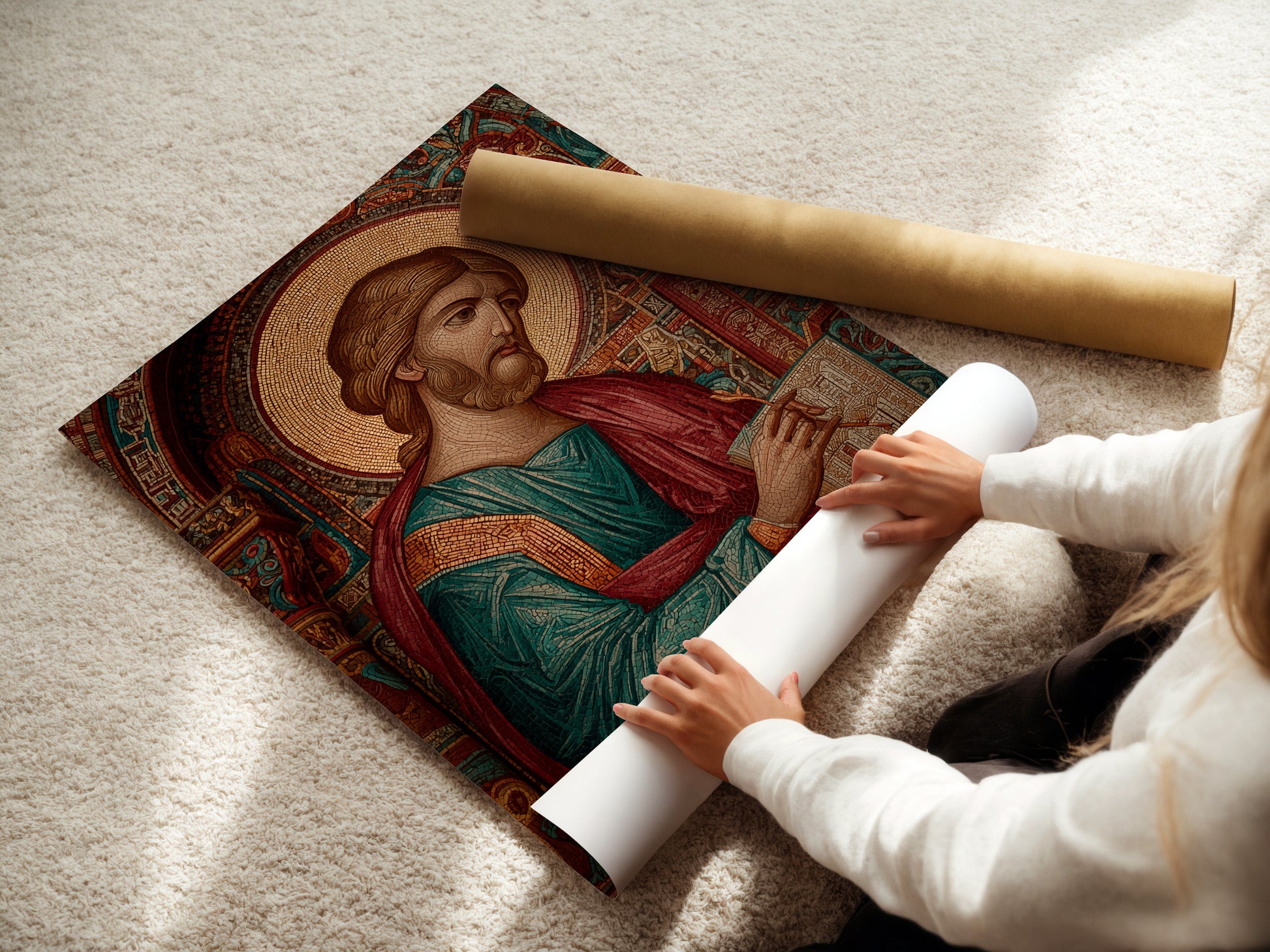 A woman is carefully rolling a fine art poster paper. The paper is high-quality. She is preparing it for framing or display. Get ready to add art to your walls. Explore our fine art prints today.