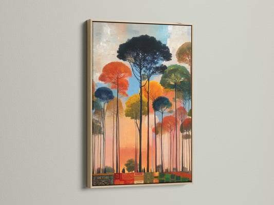 Abstract Forest Canvas Print is showcased in an oak frame. The colorful tree art adds a touch of nature to your walls. Modern nature artwork creates a serene atmosphere. Perfect for living rooms or offices. A contemporary landscape print.