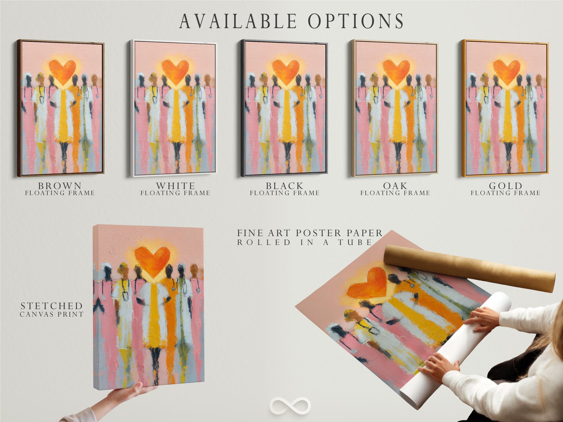 Available options for the Medical Heroes artwork. These include a stretched canvas print fine art poster paper and a floating frame. Choose the perfect style to match your decor. This piece is ideal for medical offices and hospitals. It adds a touch of inspiration to any space.