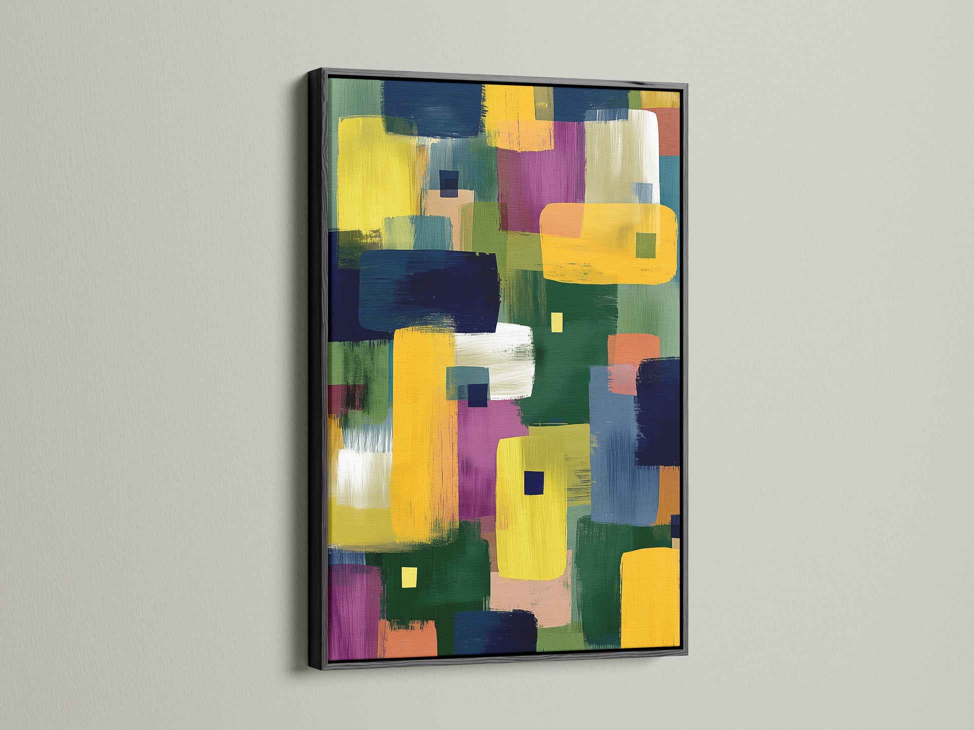 Abstract colorful artwork with a modern geometric pattern. The artwork features brushstroke painting in yellow blue and purple hues. This contemporary artwork is framed in a black frame. The black frame provides a sleek sophisticated touch.
