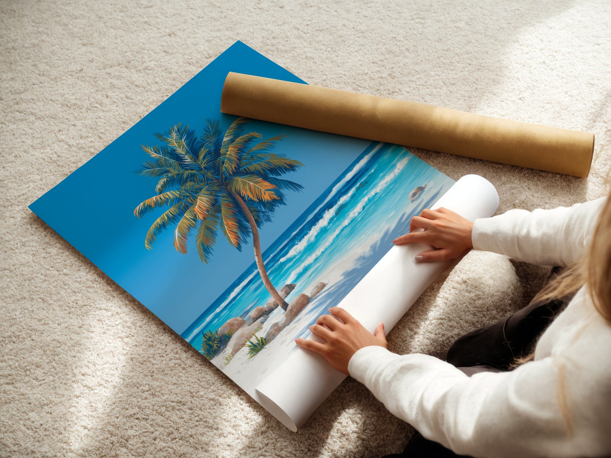 A woman carefully rolls a fine art poster paper featuring a tropical palm tree scene. The high-quality paper ensures the artwork's details are preserved. This beach ocean wall art is perfect for adding a touch of coastal charm. Ideal for creating a relaxing atmosphere in your home