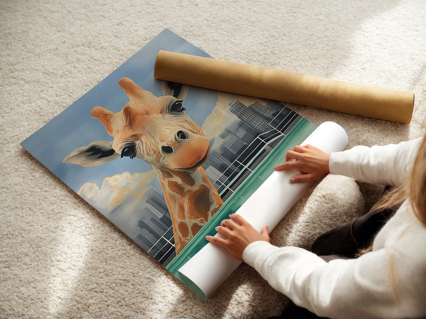 A woman carefully rolls a fine art poster paper featuring the giraffe skyline artwork. This high-quality print captures the vibrant colors and intricate details making it a stunning addition to any collection.