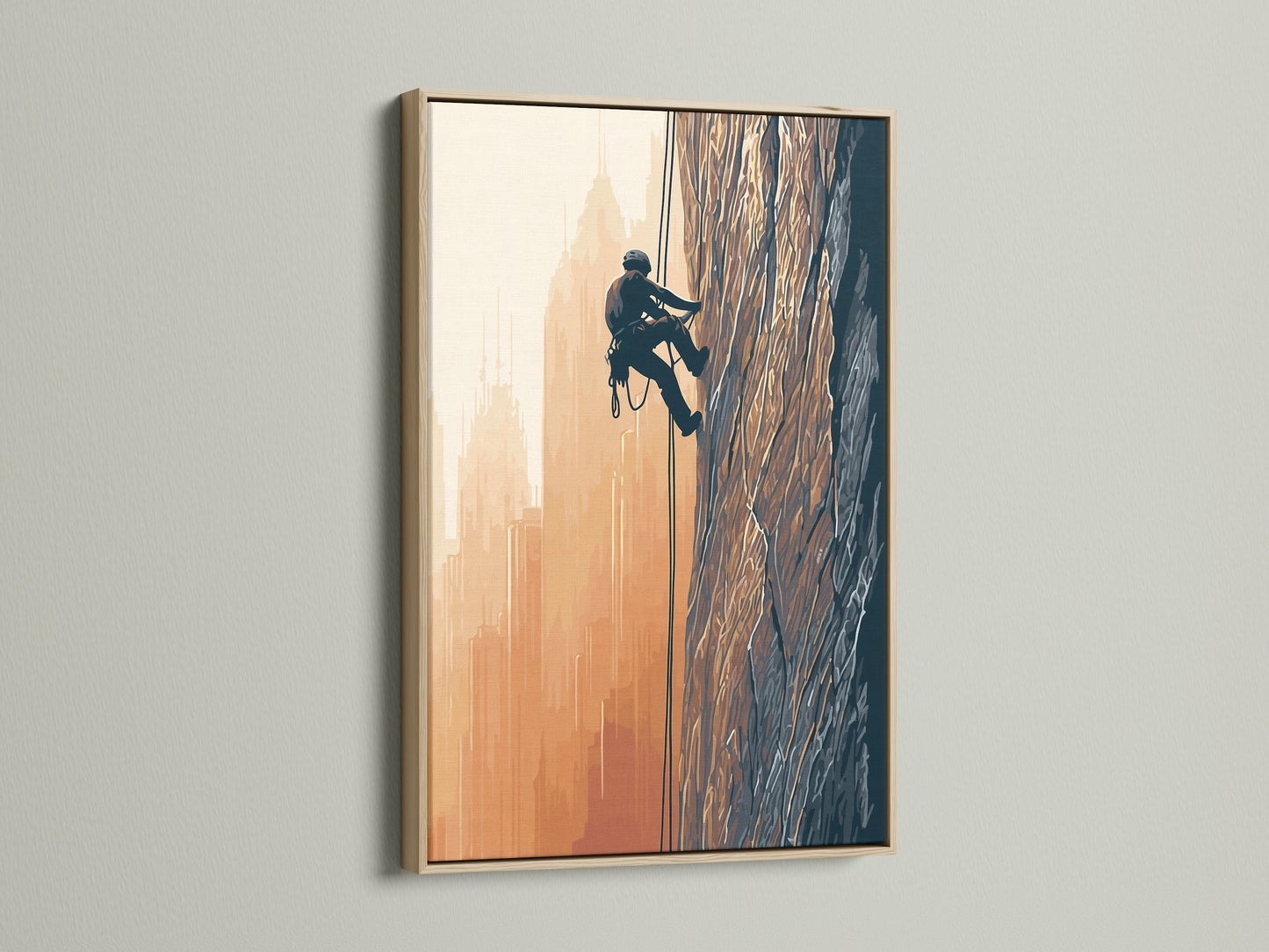 The rock climbing artwork is displayed in an oak frame. This mountain canvas print adds a modern touch. It's ideal for living rooms or offices. The urban landscape artwork is inspiring.