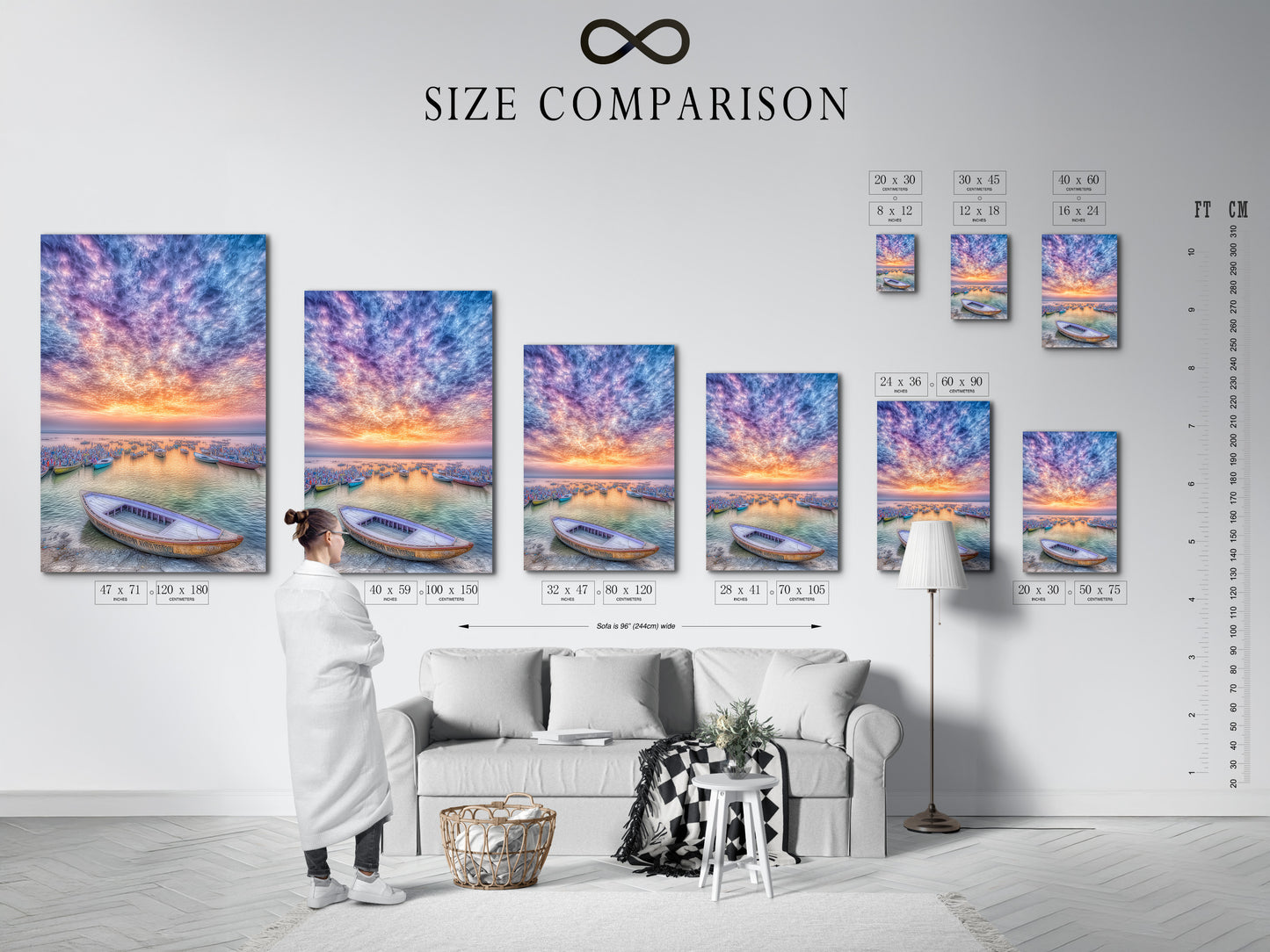 A size comparison chart is displayed in an interior setting. It shows various sizes of Harbor Sunset artwork. The chart helps visualize the perfect fit for your space. Choose from stretched canvas prints fine art poster paper or floating frames. Find the ideal size to complement your coastal minimalist or bohemian style decor. It is great for any wall.