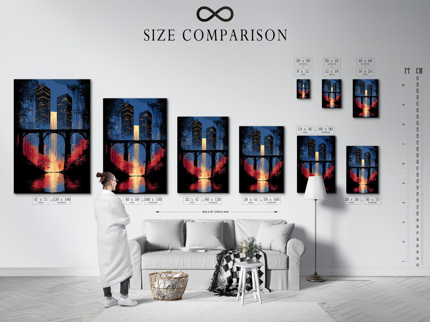 Size comparison chart displayed in an interior setting. The chart showcases available sizes for the city skyline artwork. Options include urban wall art and cityscape canvas. Choose the perfect size to enhance your office wall decor. Find the ideal fit for your space.