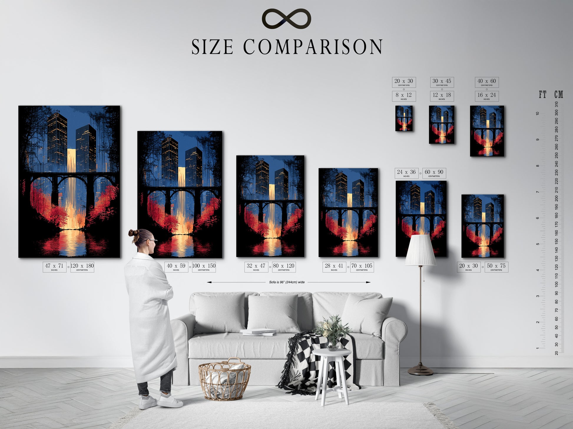 Size comparison chart displayed in an interior setting. The chart showcases available sizes for the city skyline artwork. Options include urban wall art and cityscape canvas. Choose the perfect size to enhance your office wall decor. Find the ideal fit for your space.