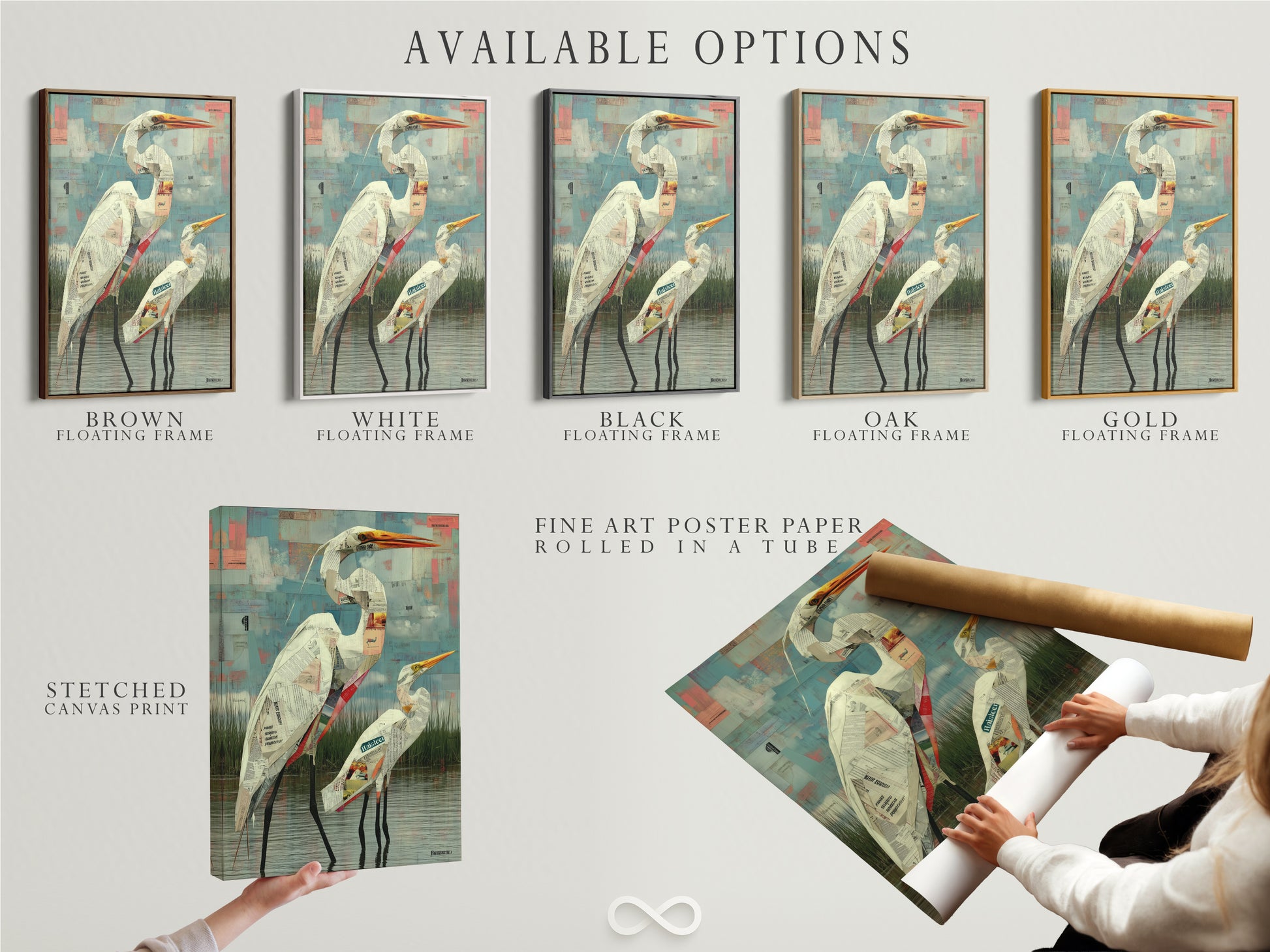 Available options for heron artwork shown. Choose stretched canvas print. Opt for fine art poster paper. Consider a floating frame. Find the perfect coastal wall art. Customize your modern print today.