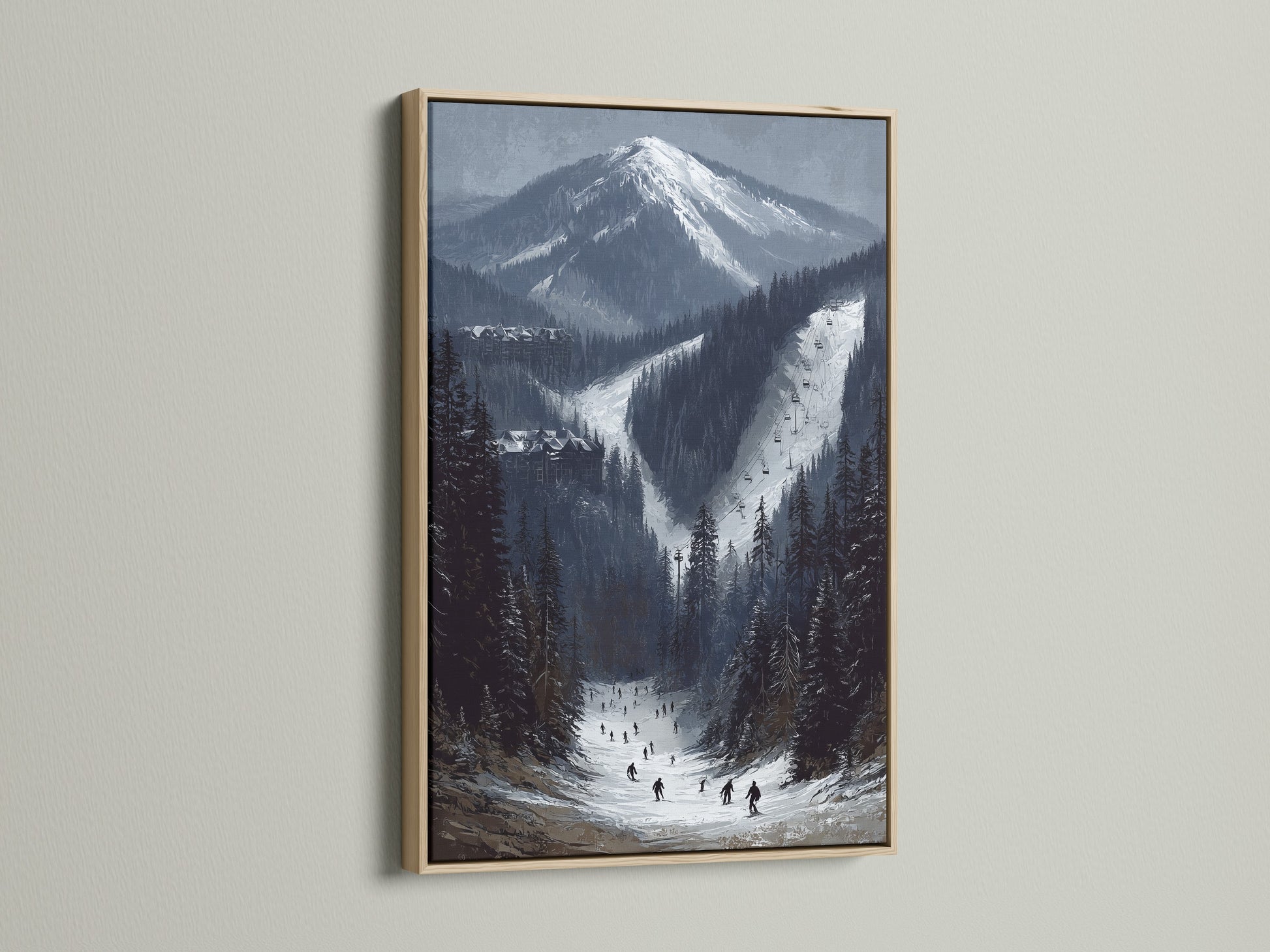Mountain canvas print in an oak frame. This ski resort artwork captures an alpine winter landscape. The snowy peaks bring the ski slope to your wall. Perfect cabin wall decor for ski enthusiasts.