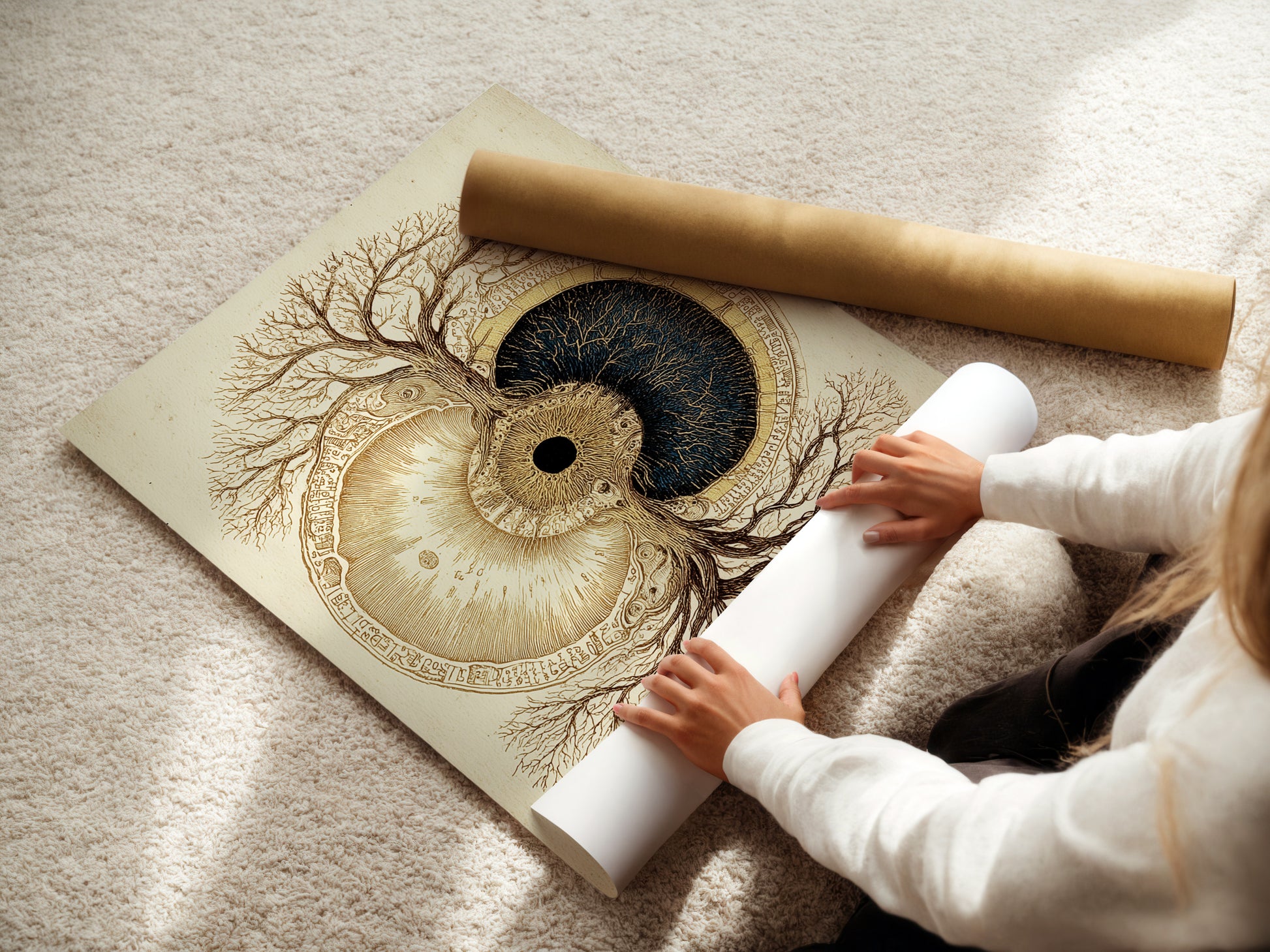 A woman rolls a fine art poster paper. She is carefully handling the delicate paper. The poster paper is high quality. It is ideal for fine art prints. The woman ensures it is perfectly rolled. It protects the art. The poster paper is ready for framing.