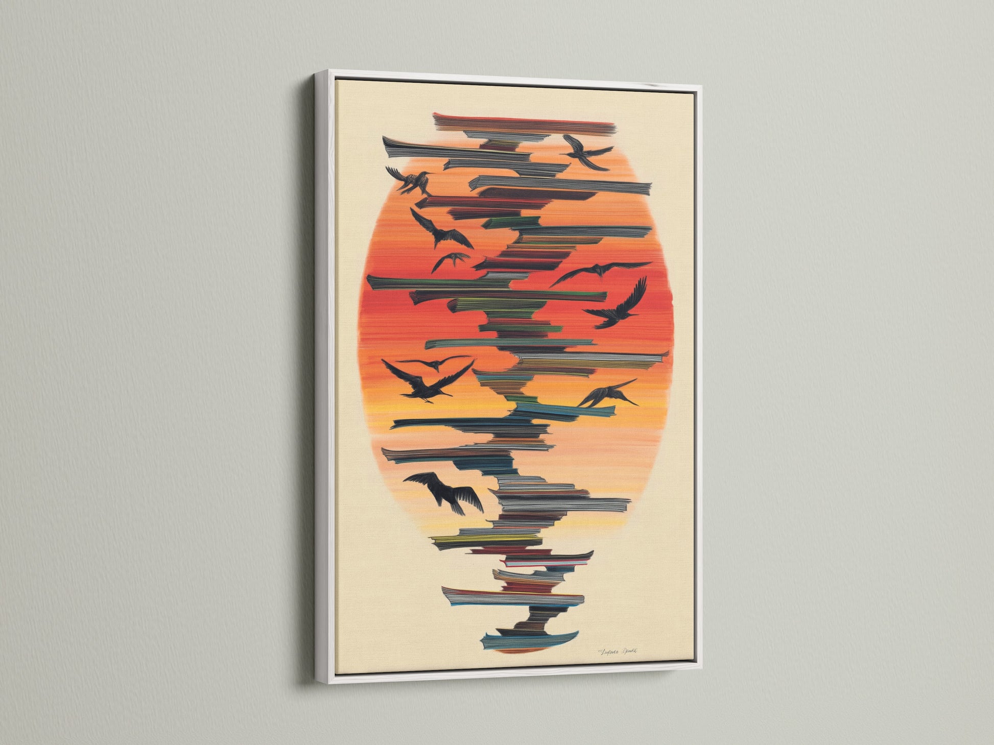 The Birds in Flight artwork is elegantly framed in white. The clean lines of the white frame complement the abstract print. It's ideal as modern artwork or coastal decor. Elevate your home decor with this bird illustration.