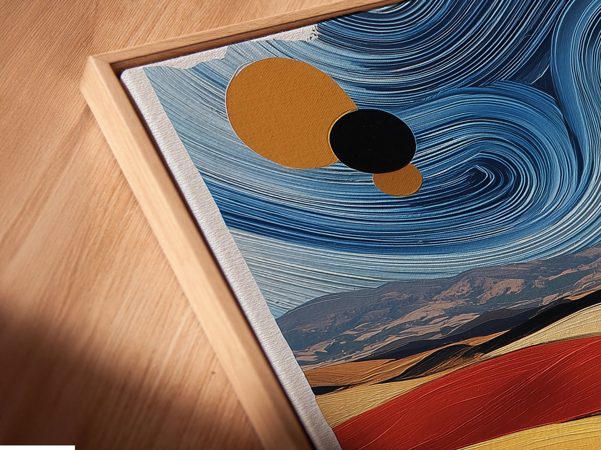 A close-up angled view of a canvas print in a floating frame. The abstract landscape artwork is highlighted. The surreal farm art stands out. This contemporary country wall decor enhances any space. The fine details and floating frame create a modern aesthetic.