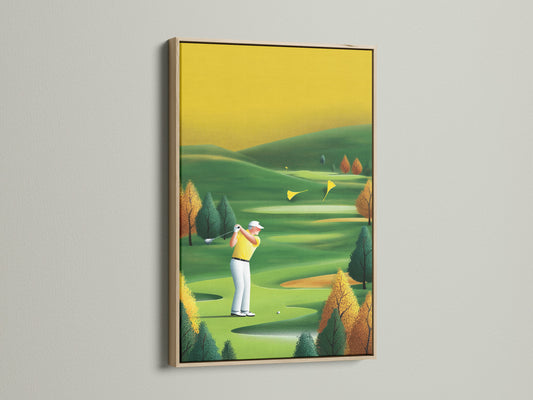 A captivating golf course art print in an oak frame. This vintage golf art is ideal for sports wall decor. It enhances any office or man cave. The green and yellow tones bring a mid-century touch. Perfect gift for golf lovers and sports fans.