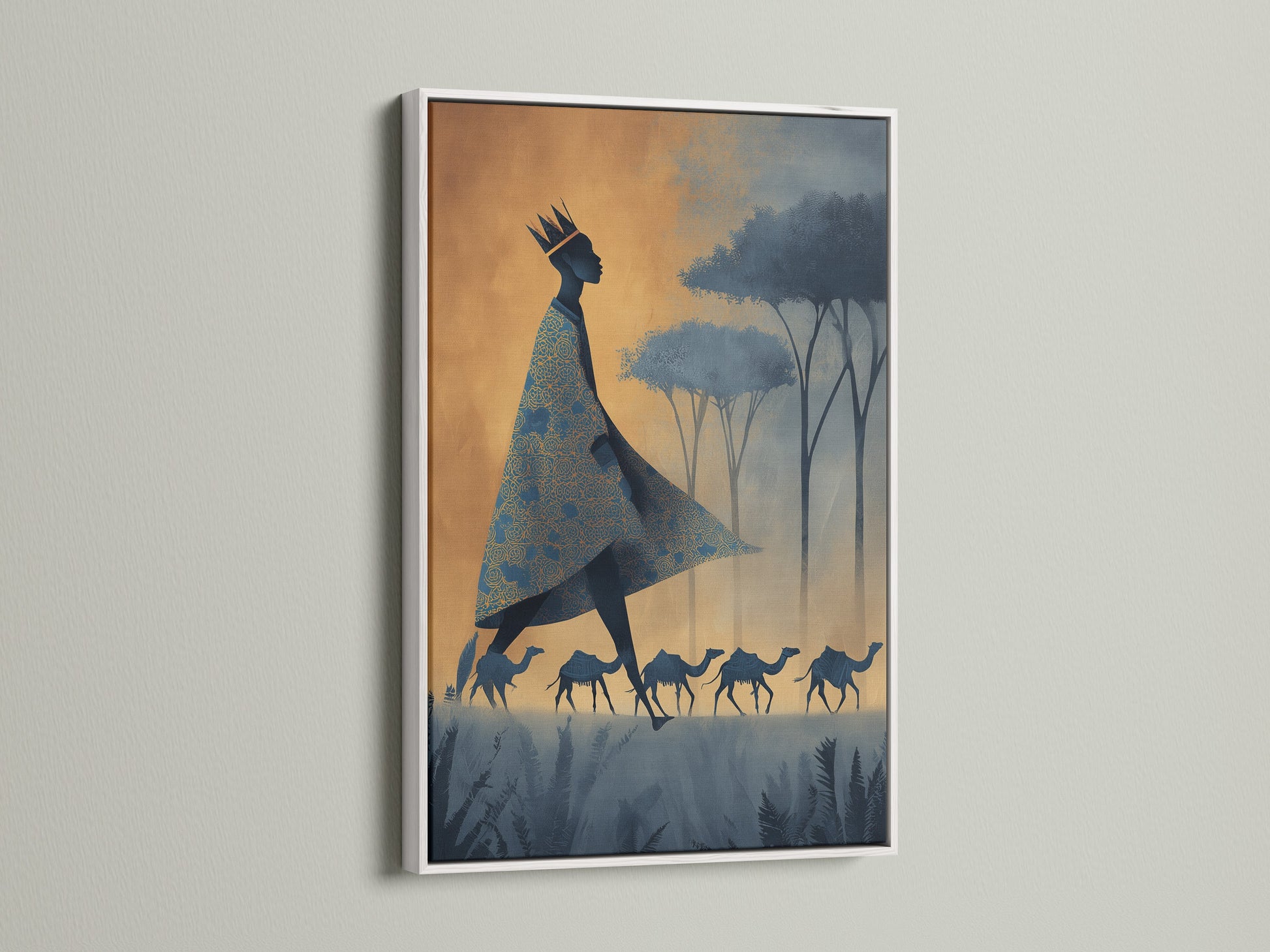 A white frame elegantly showcases this unique artwork. It depicts a majestic figure with camels in a stylized landscape. The clean white frame adds a modern touch. It allows the artwork to truly stand out. Perfect for contemporary interiors