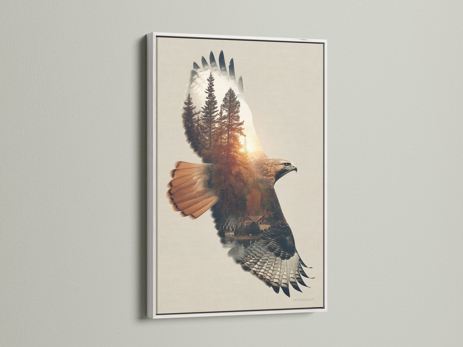 The Eagle Forest artwork print is displayed in a white frame. A modern and clean look for this nature wall decor. The white frame contrasts beautifully with the eagle artwork. It brightens up the room and highlights the wildlife canvas. Perfect for contemporary spaces.