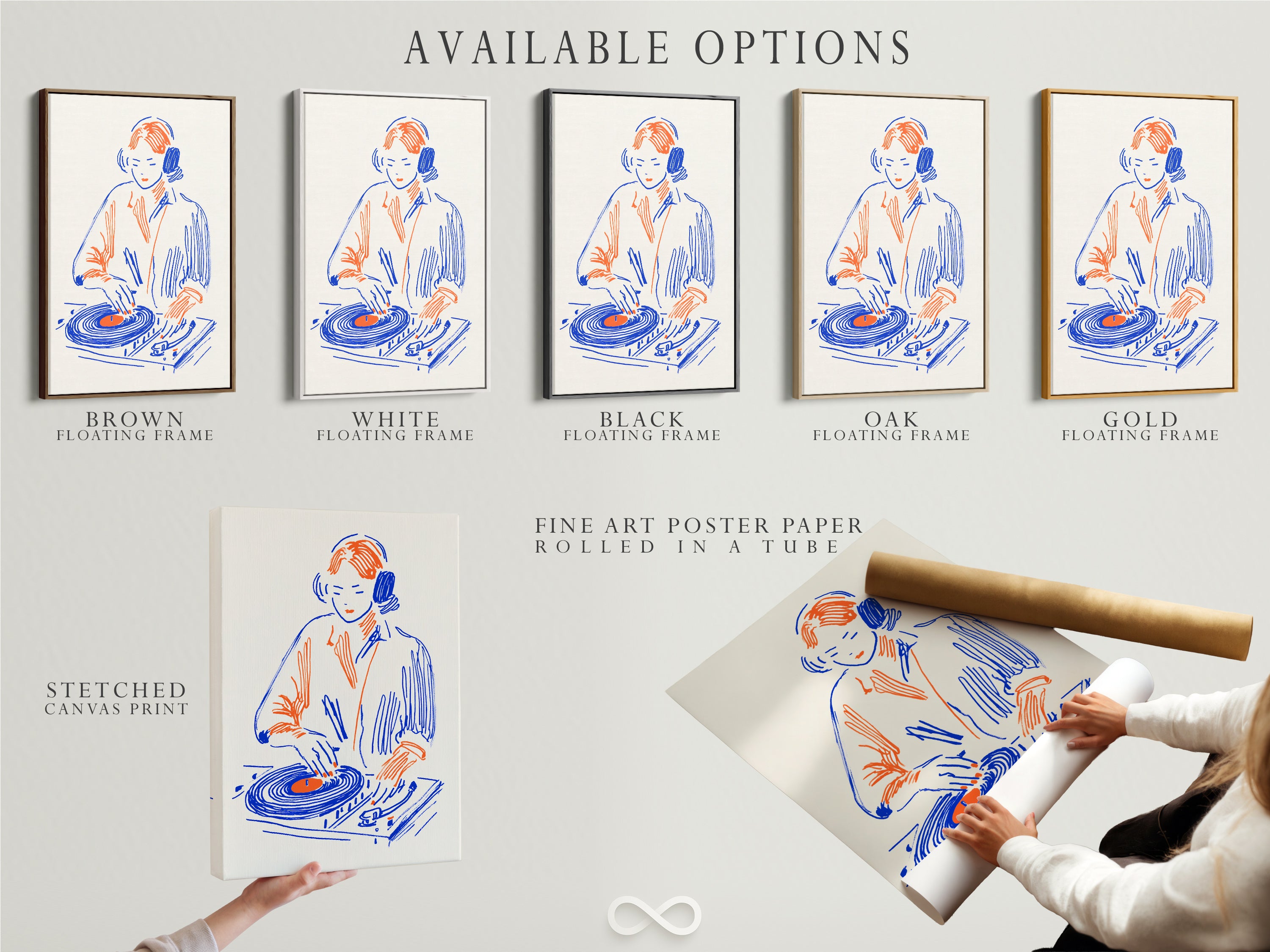 Available options for the DJ Turntable artwork include a stretched canvas print fine art poster paper and a floating frame. This retro music art is perfect for studio wall art. It makes a thoughtful gift for music producers. The primary colors are blue and orange.