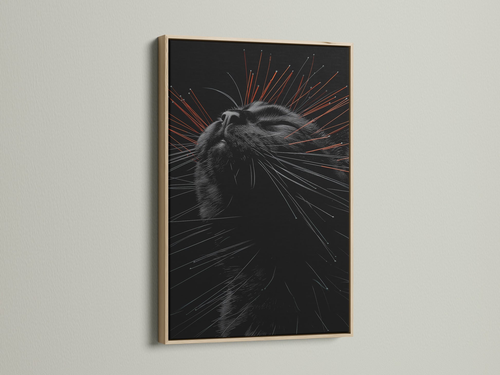 A close-up shows a Modern Wall Art cat portrait in an oak frame. This feline canvas print elevates minimalist decor. Perfect for cat lovers seeking pet portrait art or bedroom wall art. Discover unique animal art today.