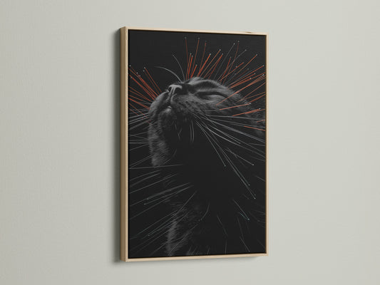 A close-up shows a Modern Wall Art cat portrait in an oak frame. This feline canvas print elevates minimalist decor. Perfect for cat lovers seeking pet portrait art or bedroom wall art. Discover unique animal art today.