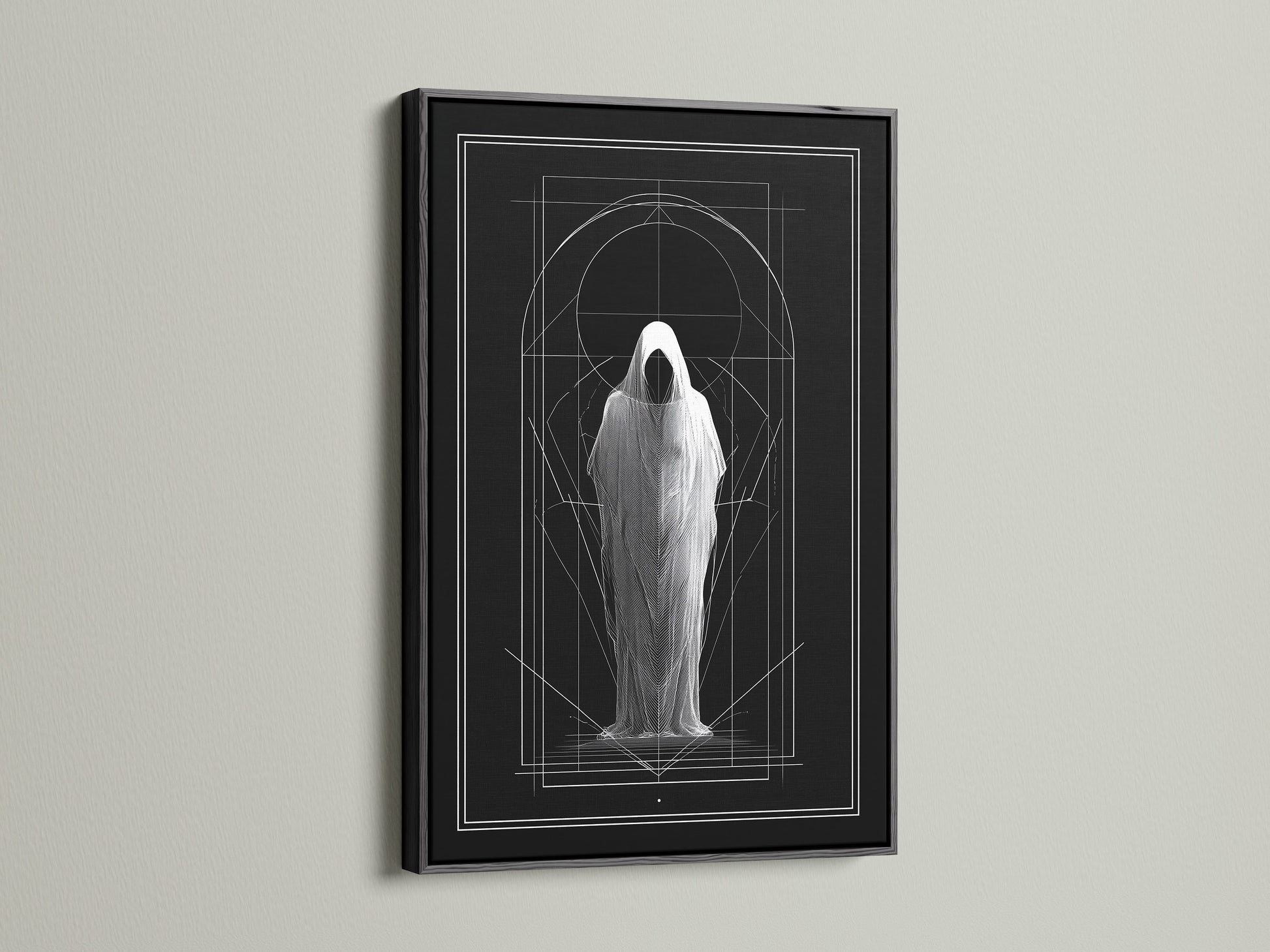 Artwork displayed in a black frame. The art features a figure in a shroud. Geometric lines accent the piece. A black frame adds modern flair. Explore stretched canvas and fine art paper options. Different frame colors available. Add a sophisticated touch to your walls.