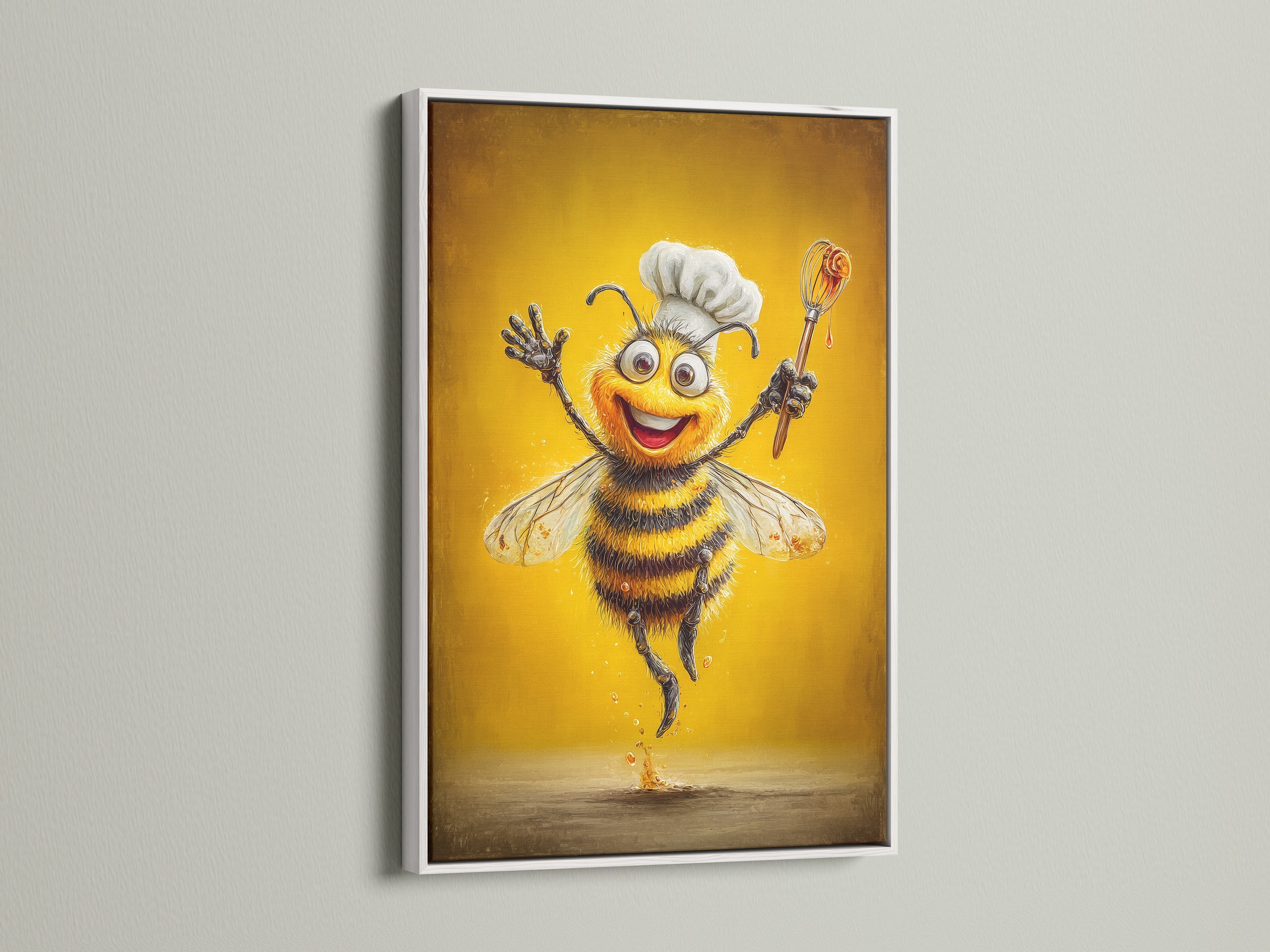 Chef Bee artwork in a white floating frame. This cooking art print enhances any kitchen. The whimsical bee print is perfect for cafe decor. Elevate your dining room wall decor with funny kitchen art.
