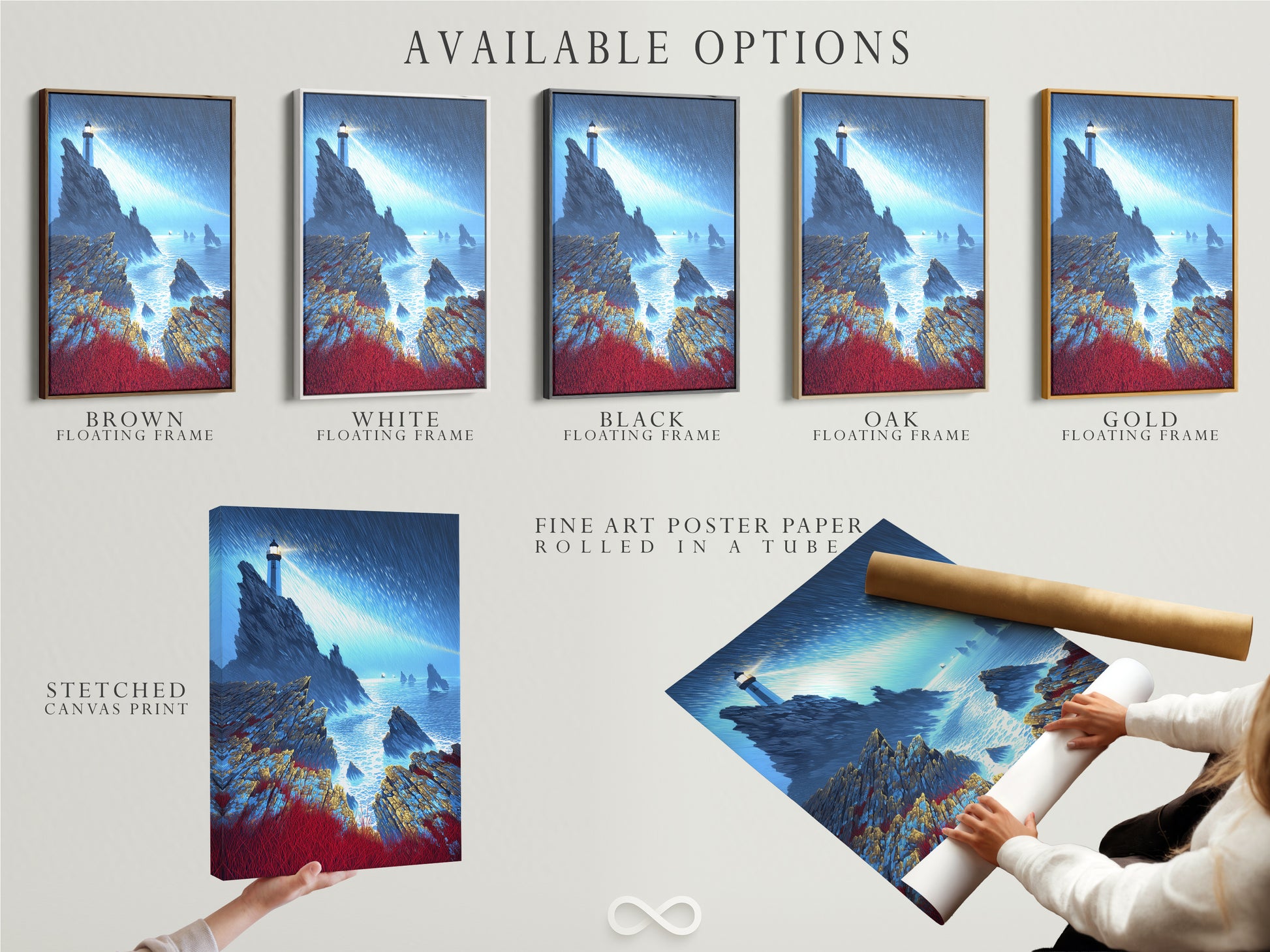 Available options for the Lighthouse Seascape artwork. Choose from a stretched canvas print fine art poster paper or a floating frame. This coastal wall art offers versatile presentation. The dramatic ocean artwork suits any style. Enhance your nautical decor today