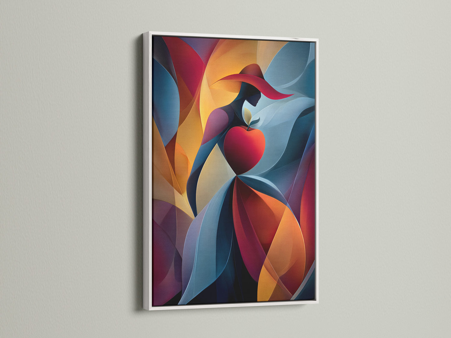 A white frame displays an abstract artwork. The artwork features a woman in a red hat holding a red apple. The artwork is displayed on a white wall. White frames offer a clean and modern look.