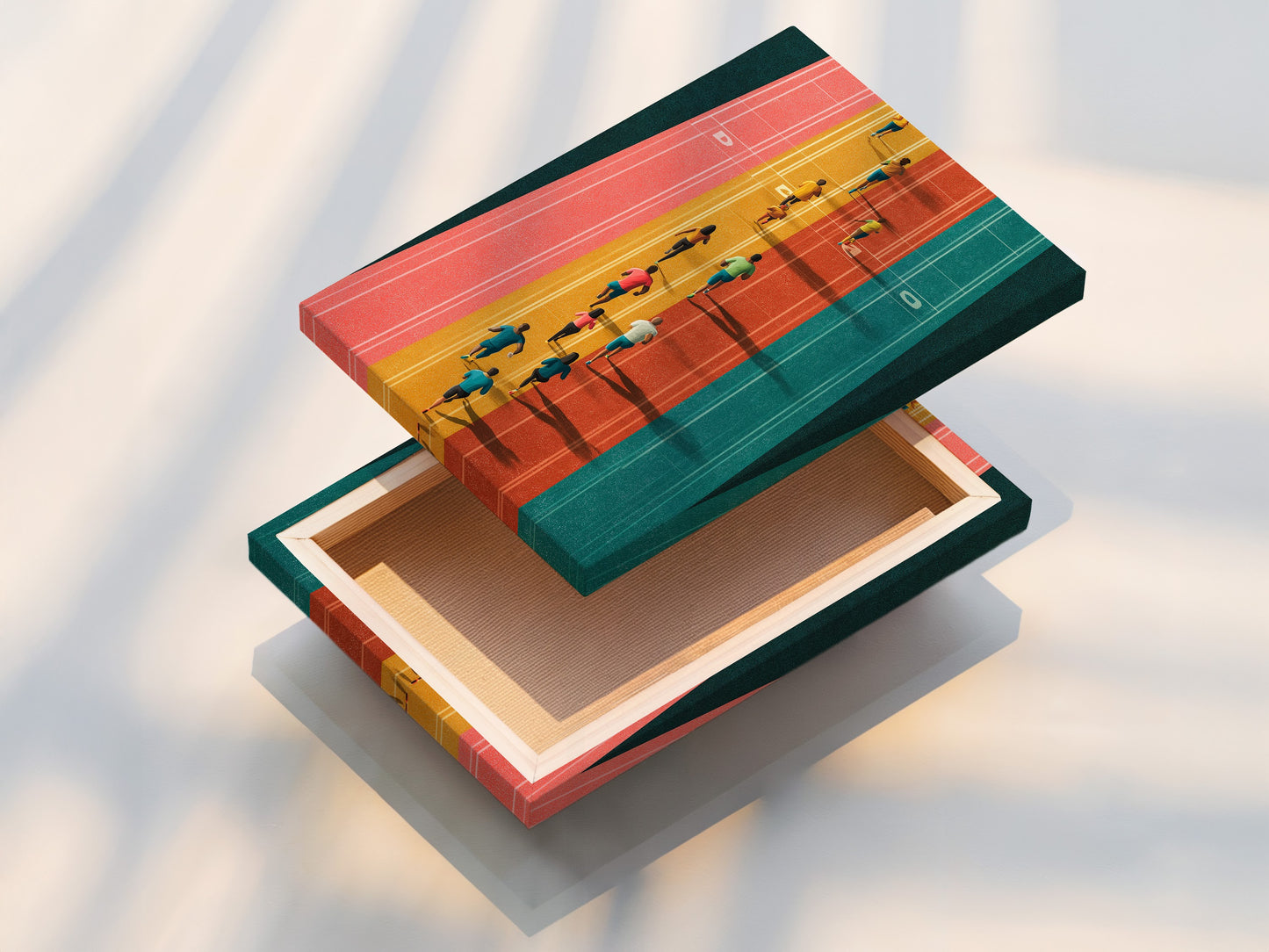 A stretched canvas print featuring running track artwork. This aerial sports wall art adds a dynamic touch. Ideal for home gym decor and office motivation. The colorful athletes print enhances any space.